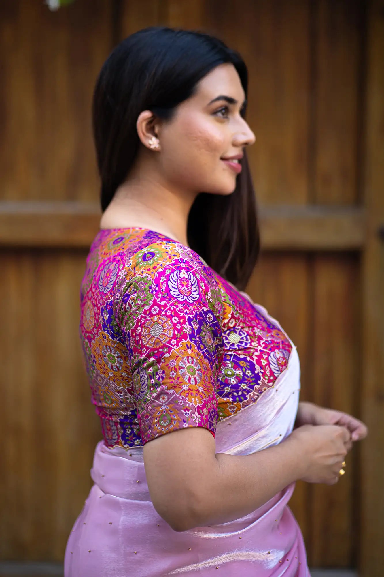 Pink-Multicolor-V-Neck-Banarasi-Blouse-With-Sleeve-Readymade-Blouse-I-Love-Sarees