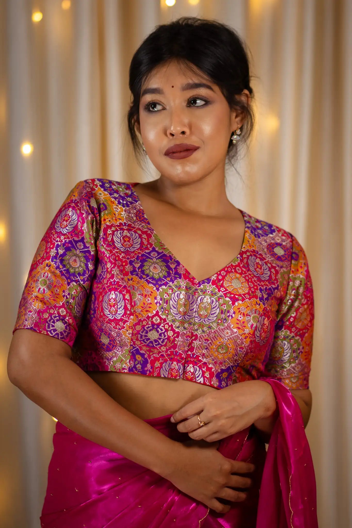 Pink-Multicolor-V-Neck-Banarasi-Blouse-With-Sleeve-Readymade-Blouse-I-Love-Sarees