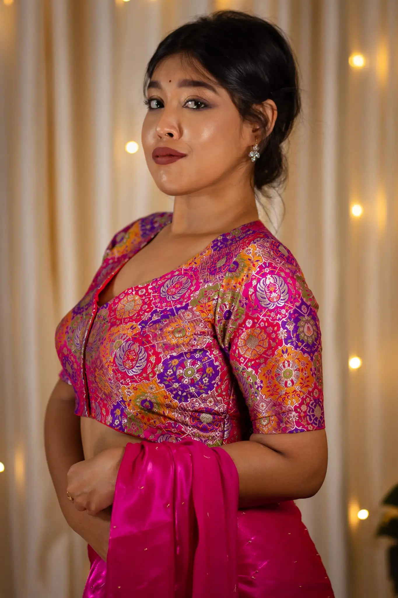 Pink-Multicolor-V-Neck-Banarasi-Blouse-With-Sleeve-Readymade-Blouse-I-Love-SareesPink-Multicolor-V-Neck-Banarasi-Blouse-With-Sleeve-Readymade-Blouse-I-Love-Sarees
