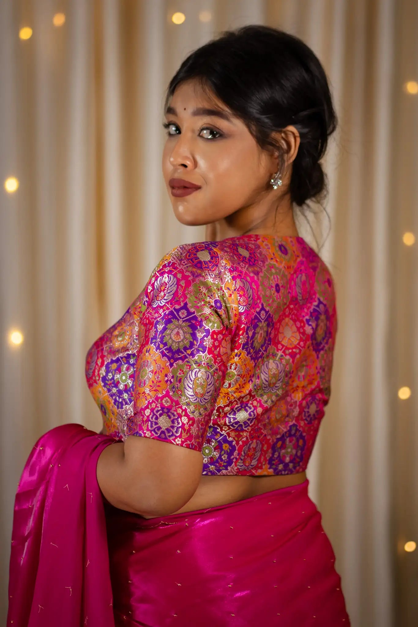 Pink-Multicolor-V-Neck-Banarasi-Blouse-With-Sleeve-Readymade-Blouse-I-Love-Sarees