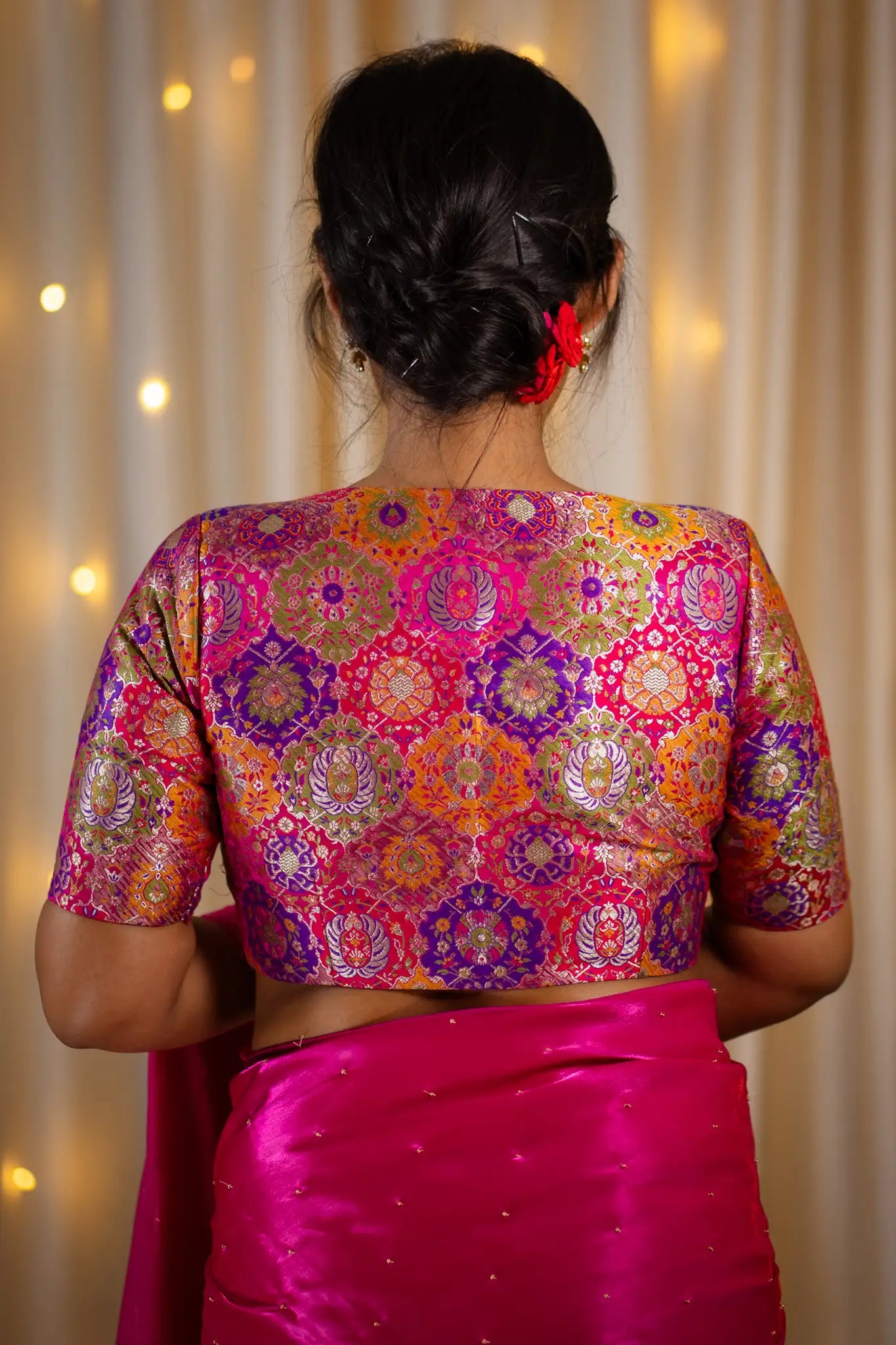 Pink-Multicolor-V-Neck-Banarasi-Blouse-With-Sleeve-Readymade-Blouse-I-Love-Sarees