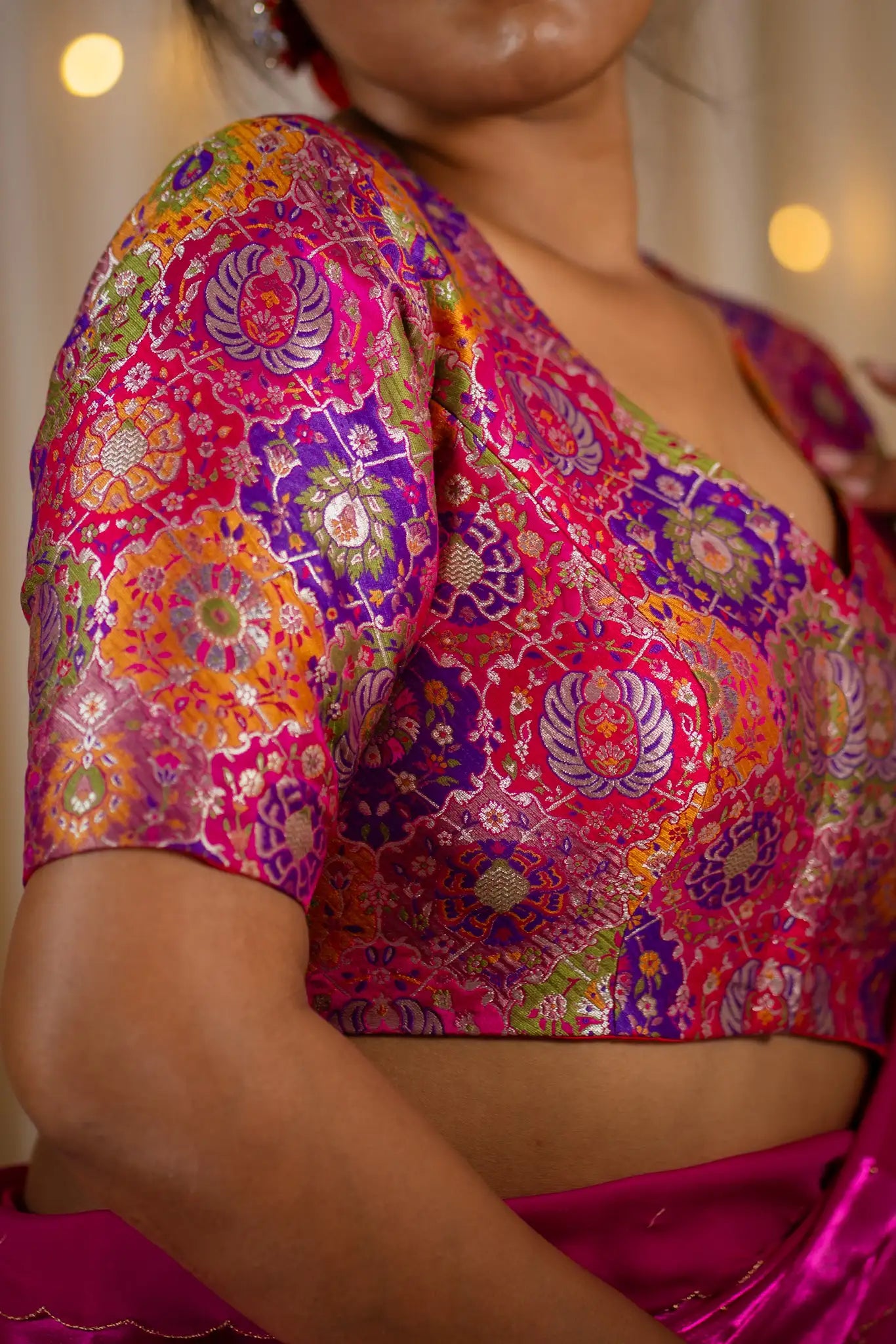 Pink-Multicolor-V-Neck-Banarasi-Blouse-With-Sleeve-Readymade-Blouse-I-Love-Sarees