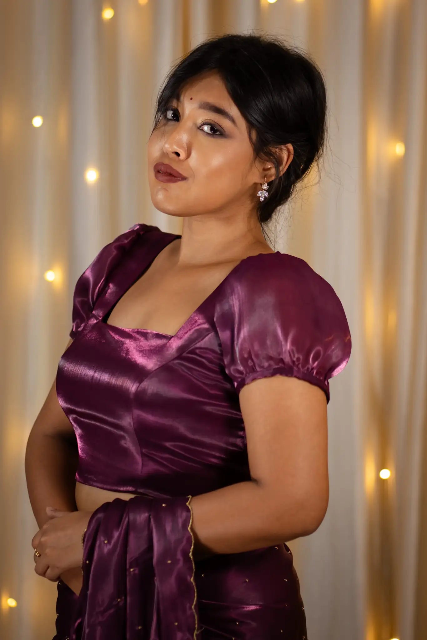 Plum-Purple-Square-Neck-Organza-Puff-Sleeve-Blouse-I-Love-Sarees