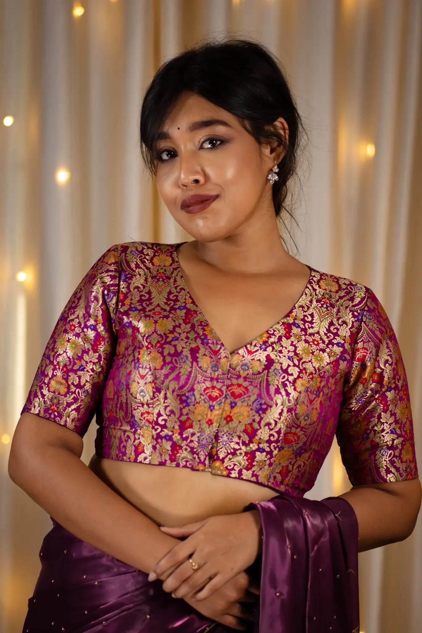 Purple-V-Neck-Banarasi-Blouse-With-Sleeve-Readymade-Blouse-I-Love-Sarees