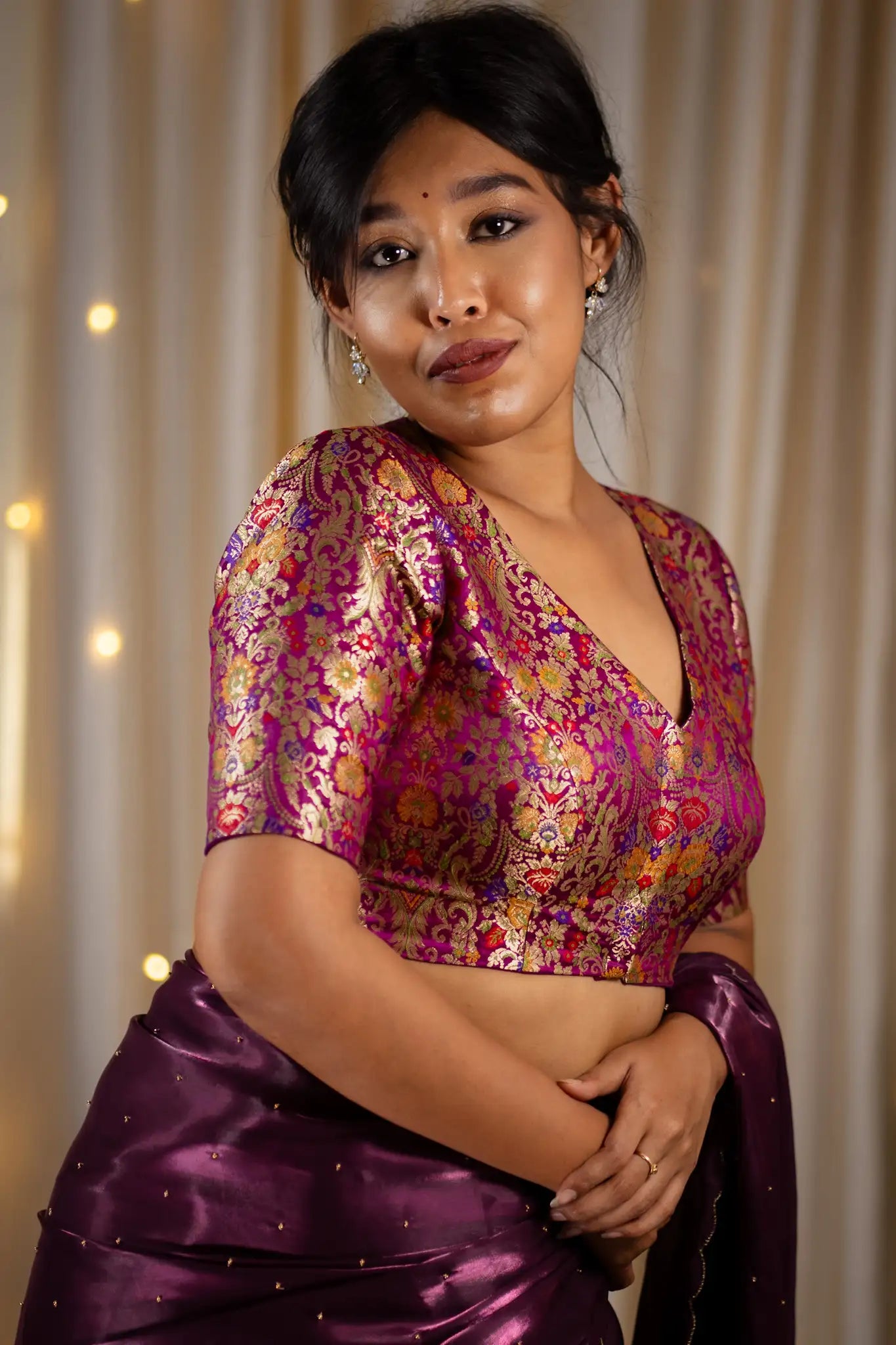 Purple-V-Neck-Banarasi-Blouse-With-Sleeve-Readymade-Blouse-I-Love-Sarees
