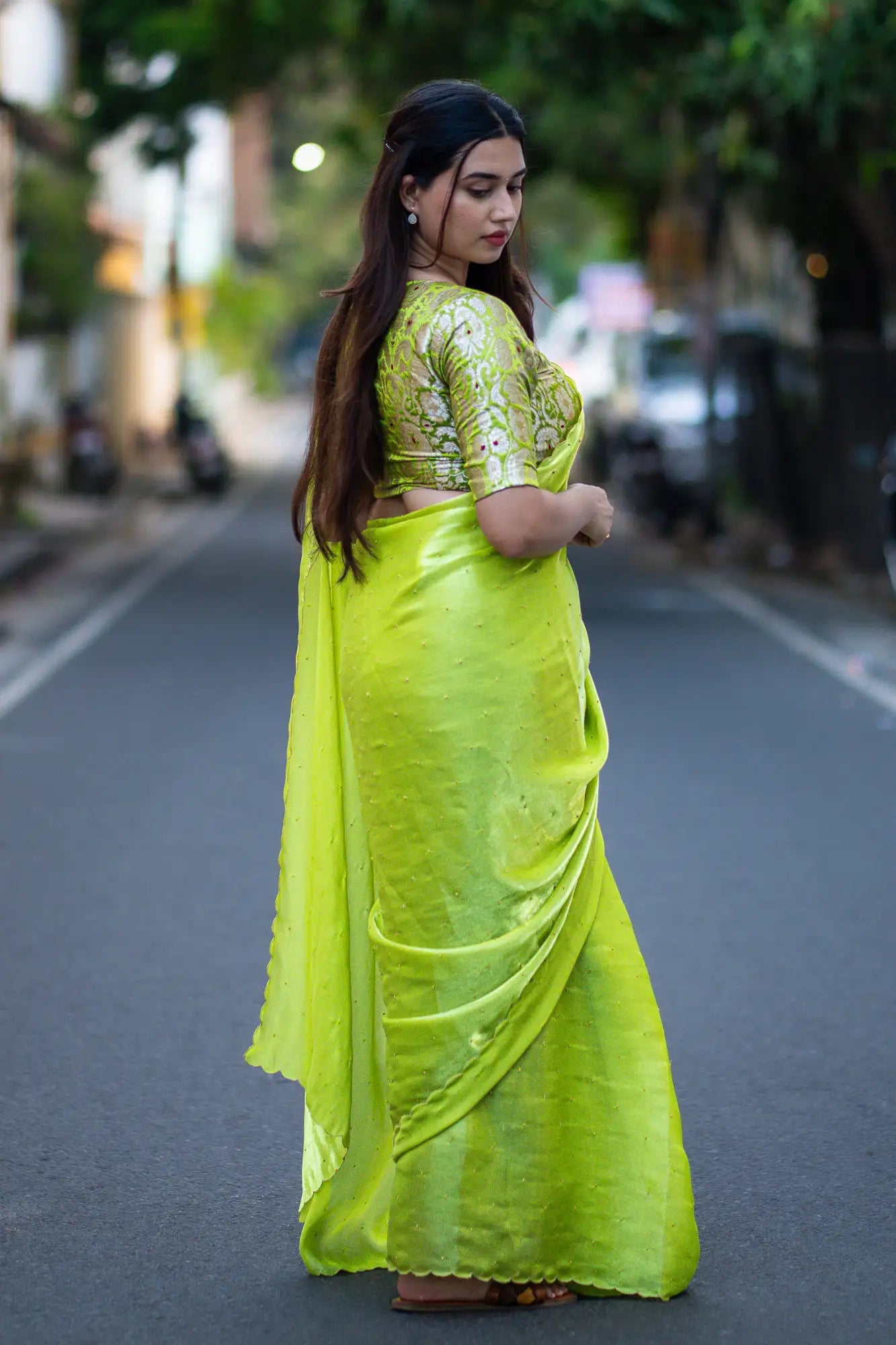 Lime-Green-Glazy-Organza-Saree-I-Love-Sarees