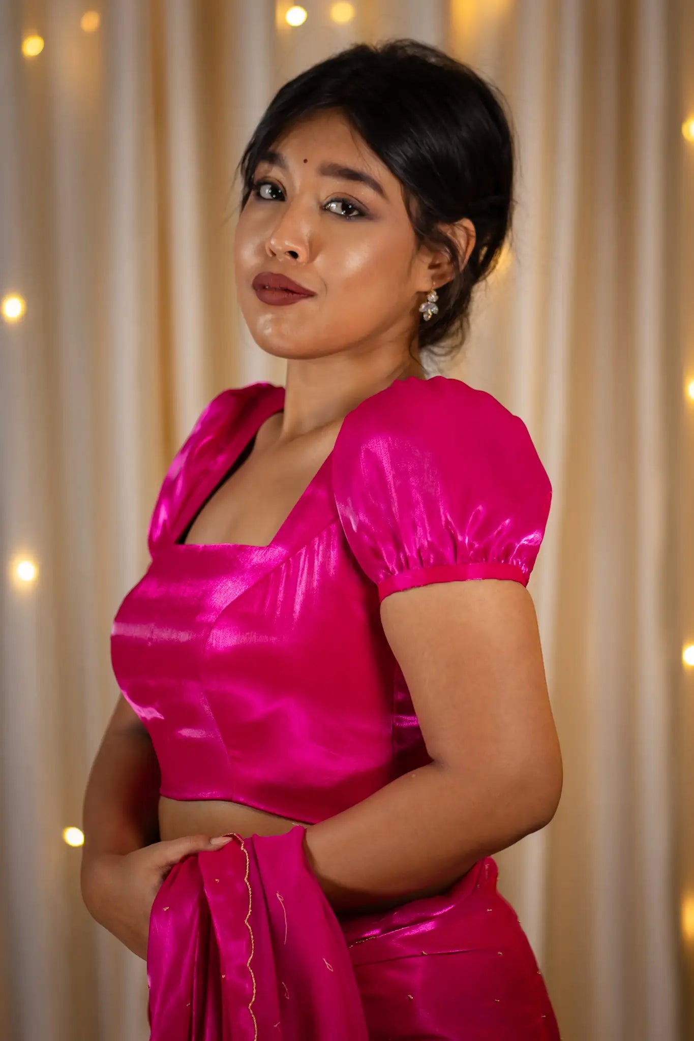 Rani-Pink-Square-Neck-Organza-Puff-Sleeve-Blouse-I-Love-Sarees