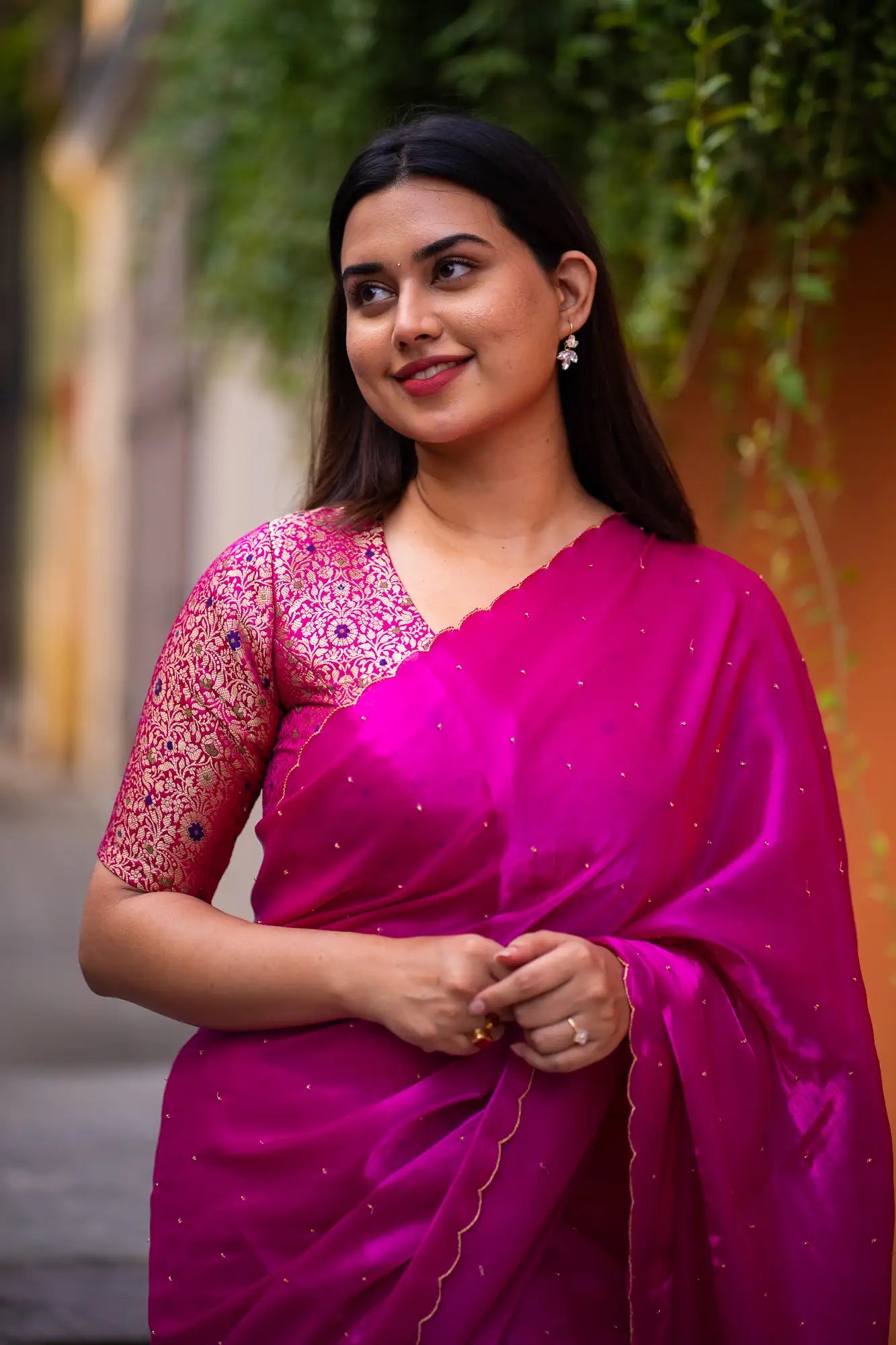 Rani-Pink-V-Neck-Banarasi-Blouse-With-Sleeve-Readymade-Blouse-I-Love-Sarees