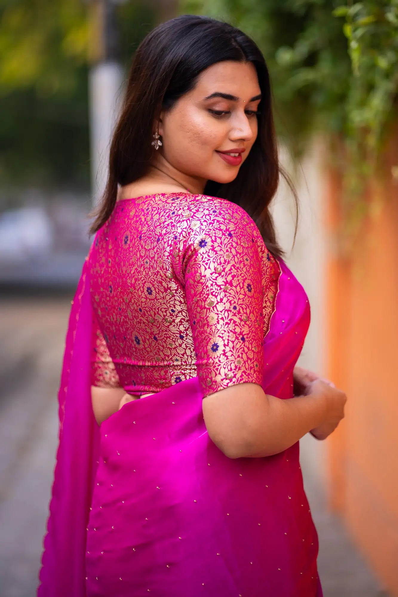 Rani-Pink-V-Neck-Banarasi-Blouse-With-Sleeve-Readymade-Blouse-I-Love-Sarees