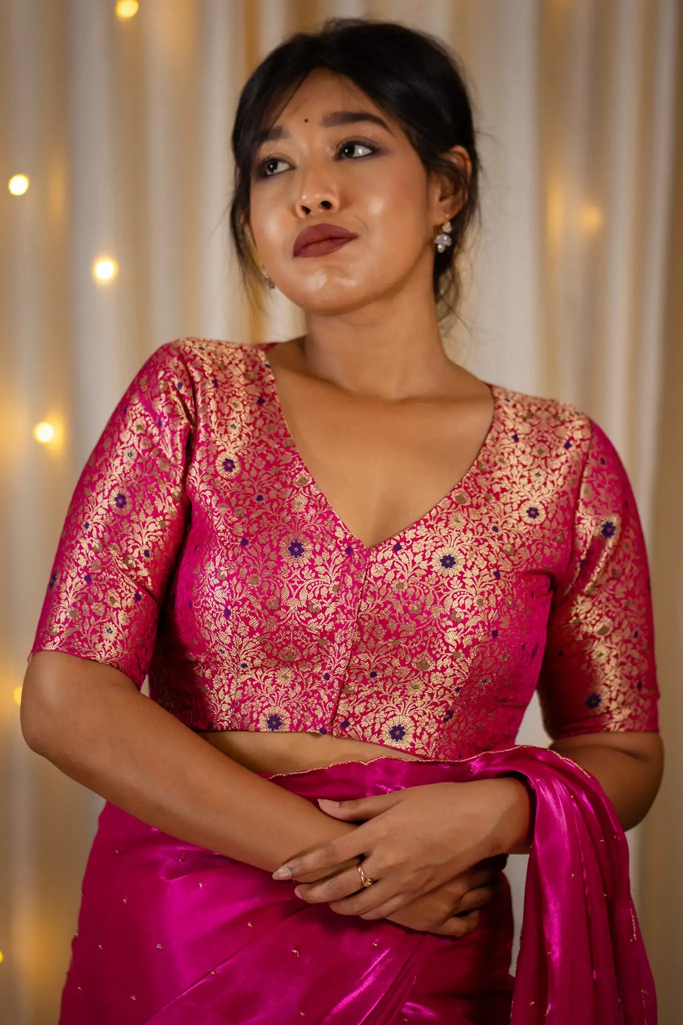 Rani-Pink-V-Neck-Banarasi-Blouse-With-Sleeve-Readymade-Blouse-I-Love-Sarees