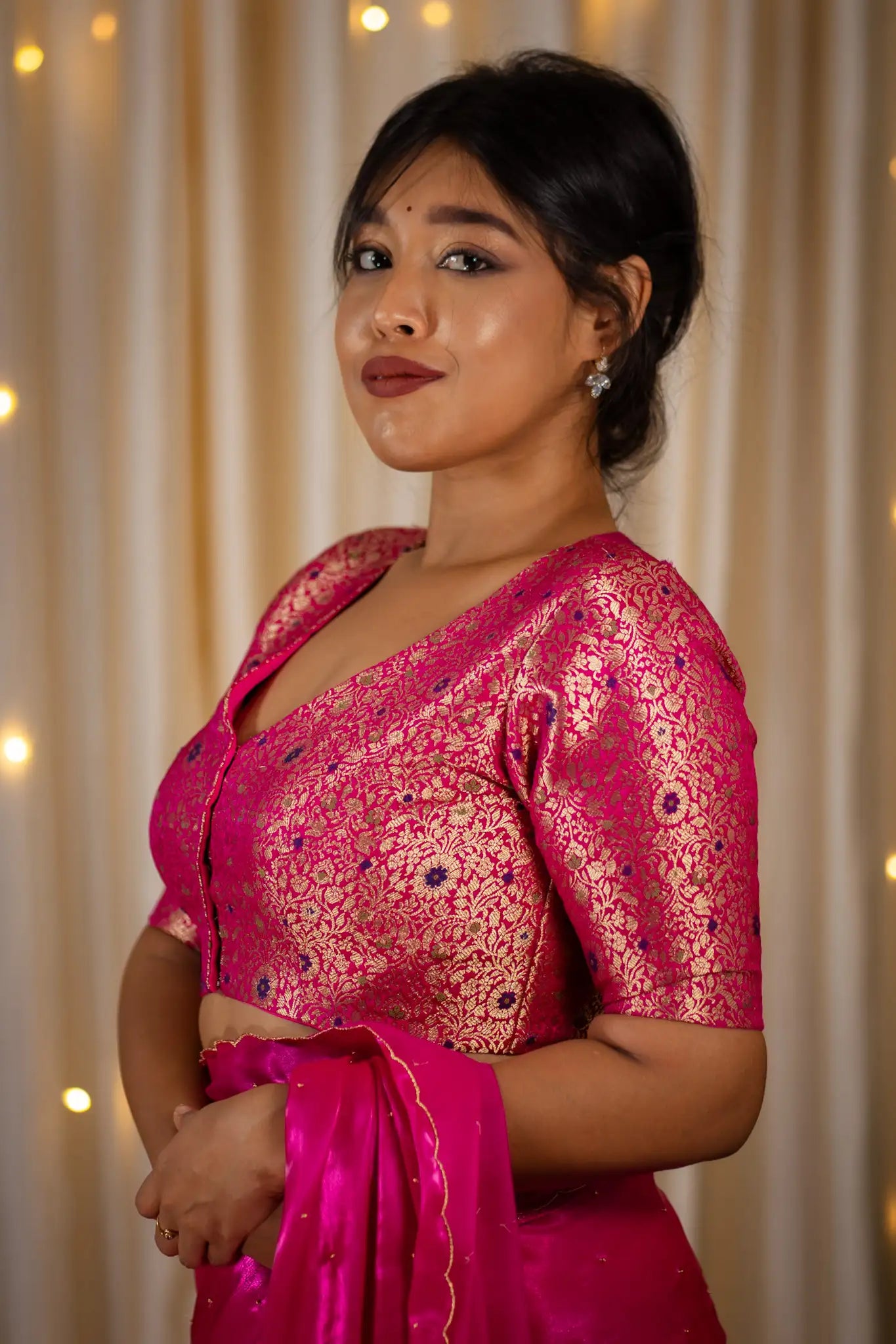 Rani-Pink-V-Neck-Banarasi-Blouse-With-Sleeve-Readymade-Blouse-I-Love-Sarees