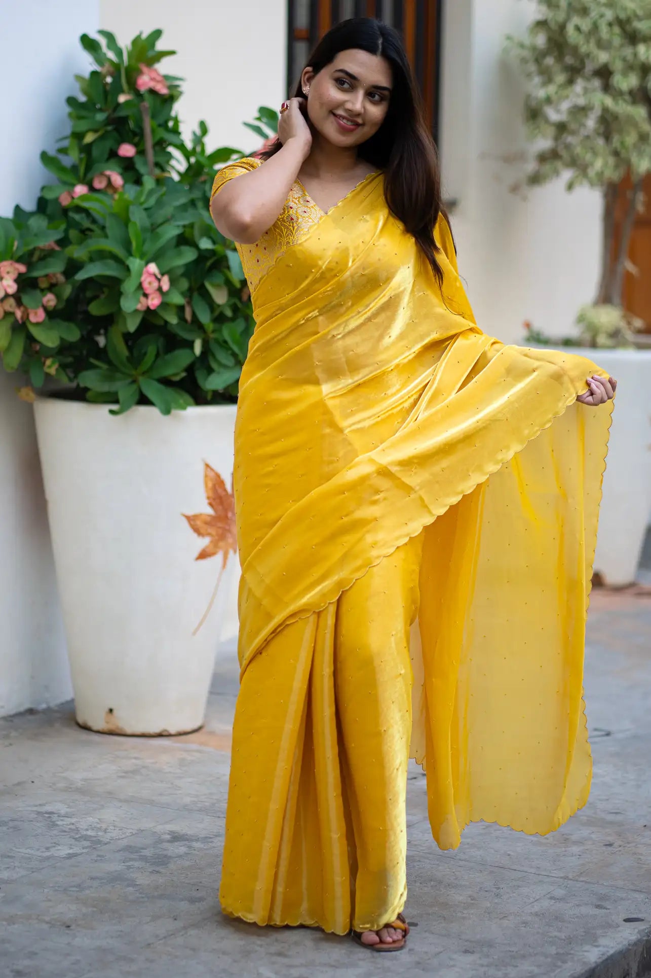 Dark-Yellow-Glazy-Organza-Saree-I-Love-Sarees
