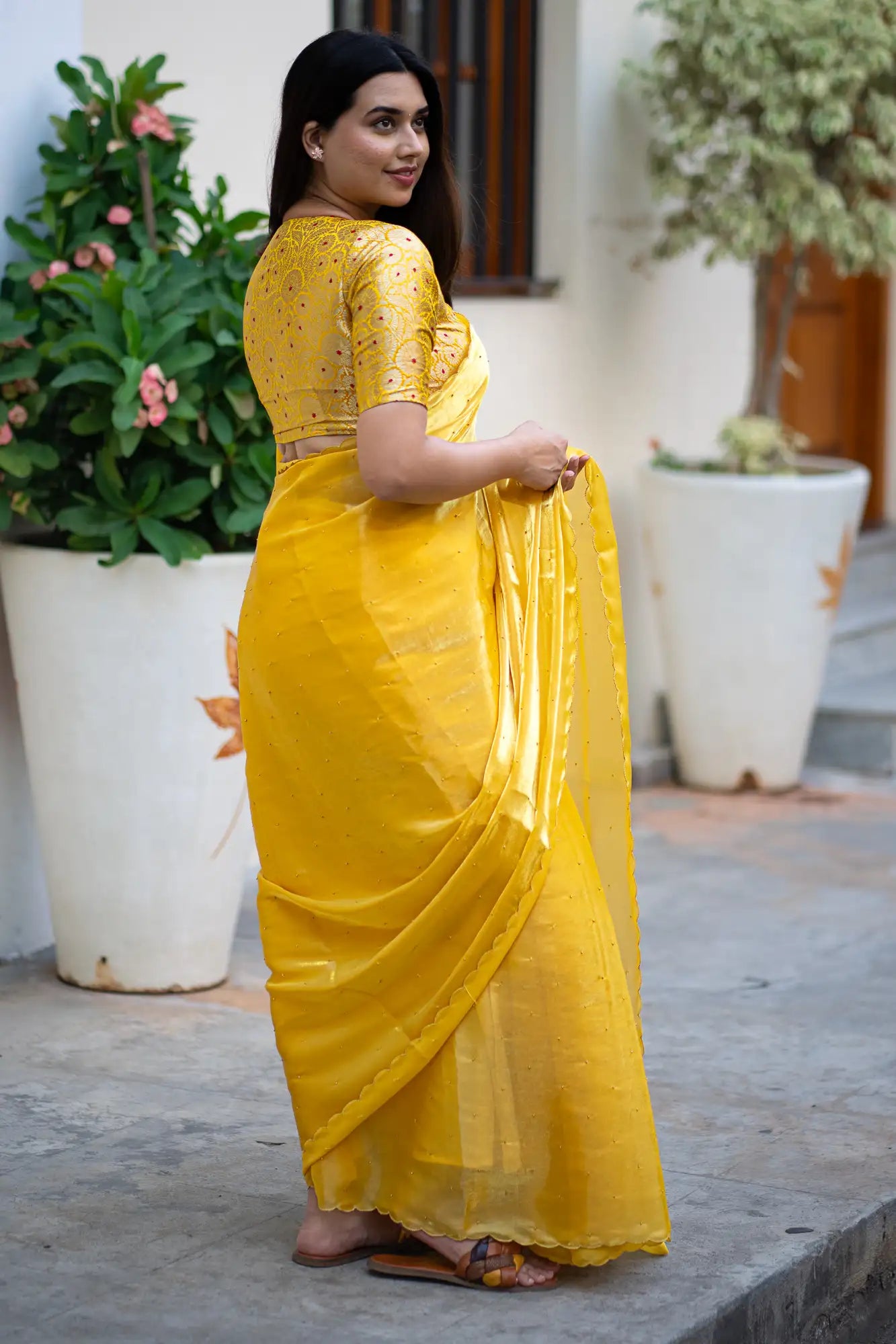 Dark-Yellow-Glazy-Organza-Saree-I-Love-Sarees