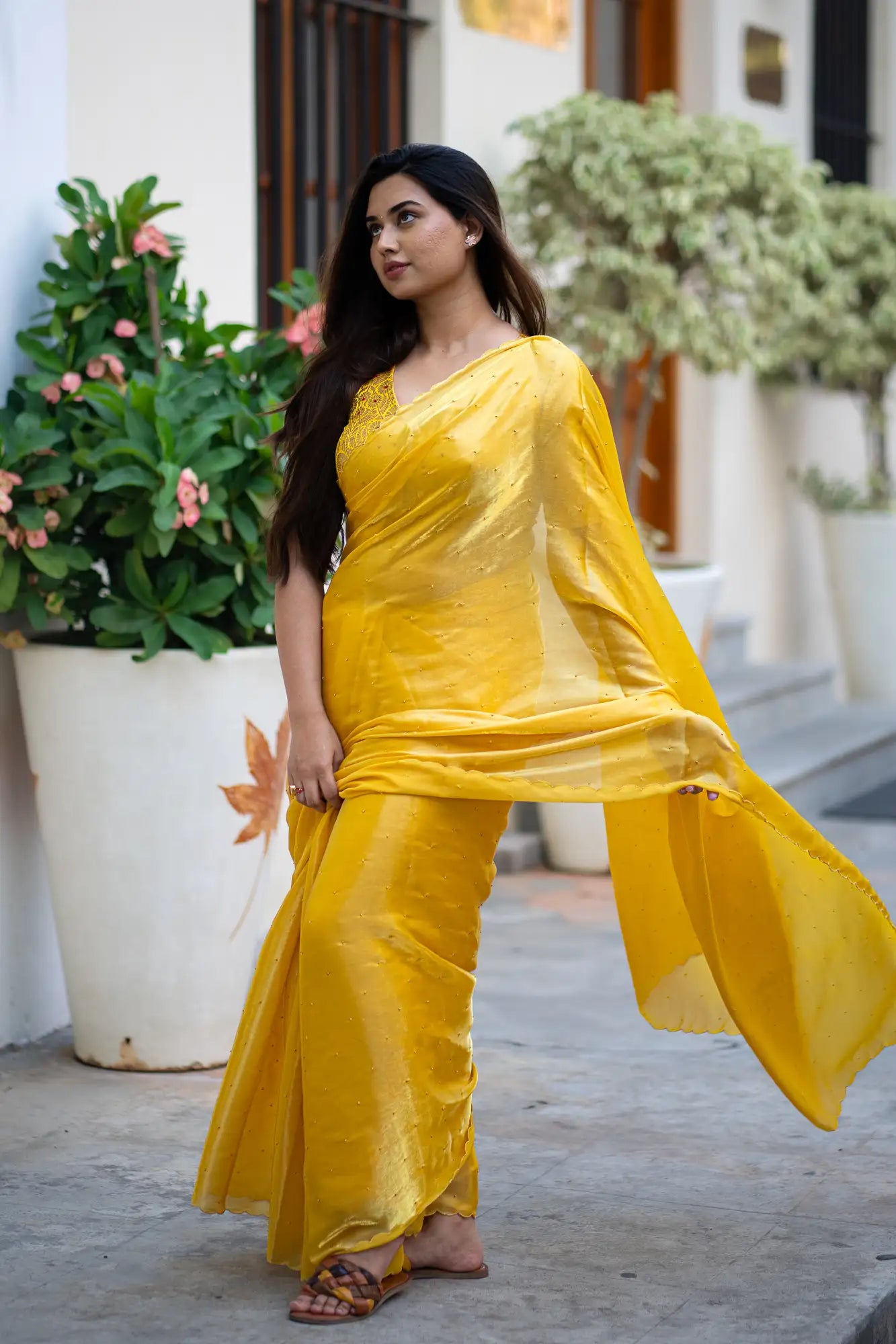 Dark-Yellow-Glazy-Organza-Saree-I-Love-Sarees