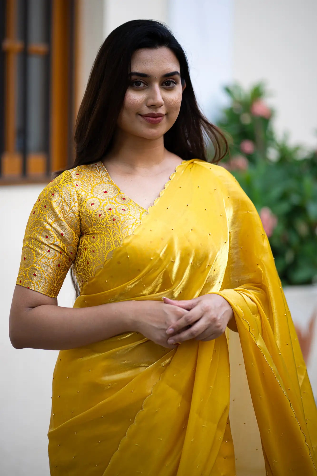 Dark-Yellow-Glazy-Organza-Saree-I-Love-Sarees