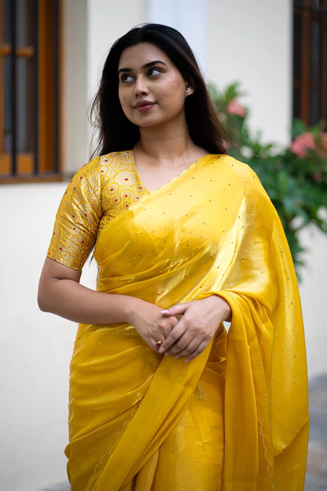 Dark-Yellow-Glazy-Organza-Saree-I-Love-Sarees
