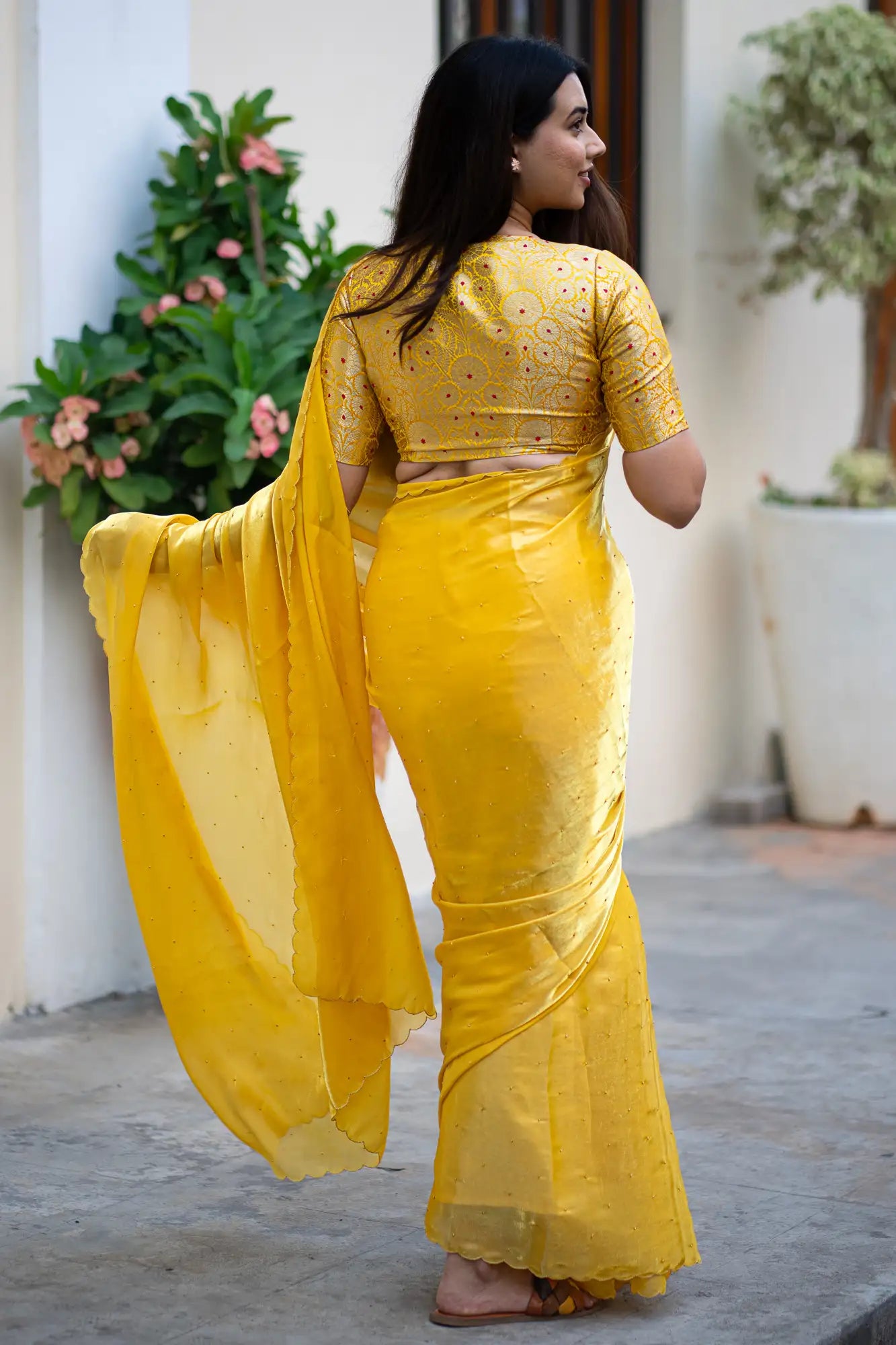 Dark-Yellow-Glazy-Organza-Saree-I-Love-Sarees