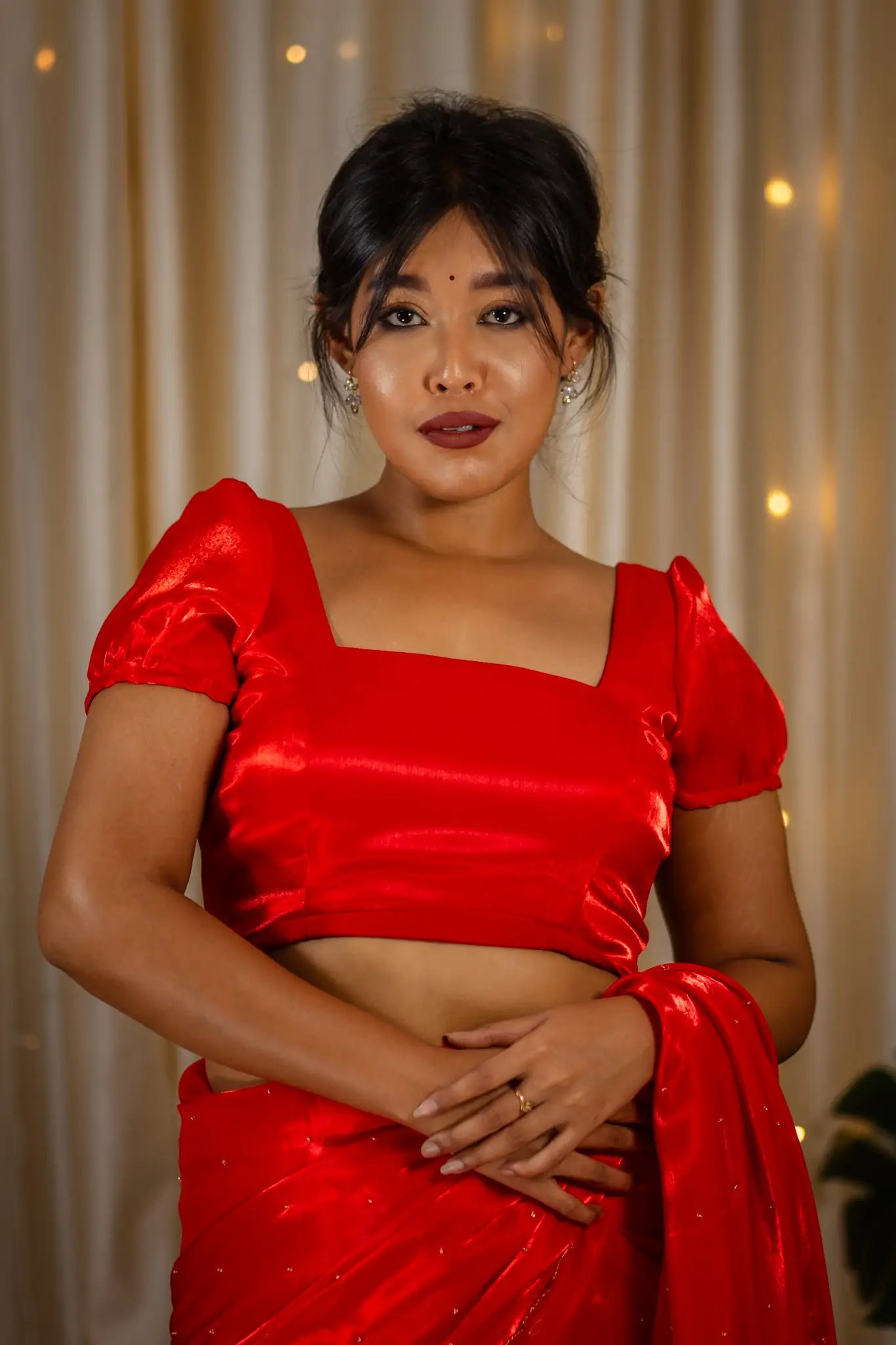 Red-Square-Neck-Organza-Puff--Sleeve-Blouse-I-Love-Sarees