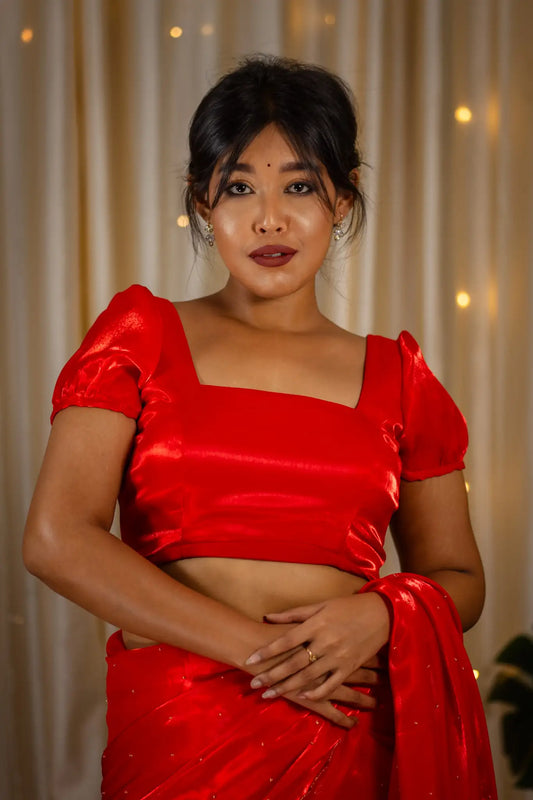 Red-Square-Neck-Organza-Puff--Sleeve-Blouse-I-Love-Sarees