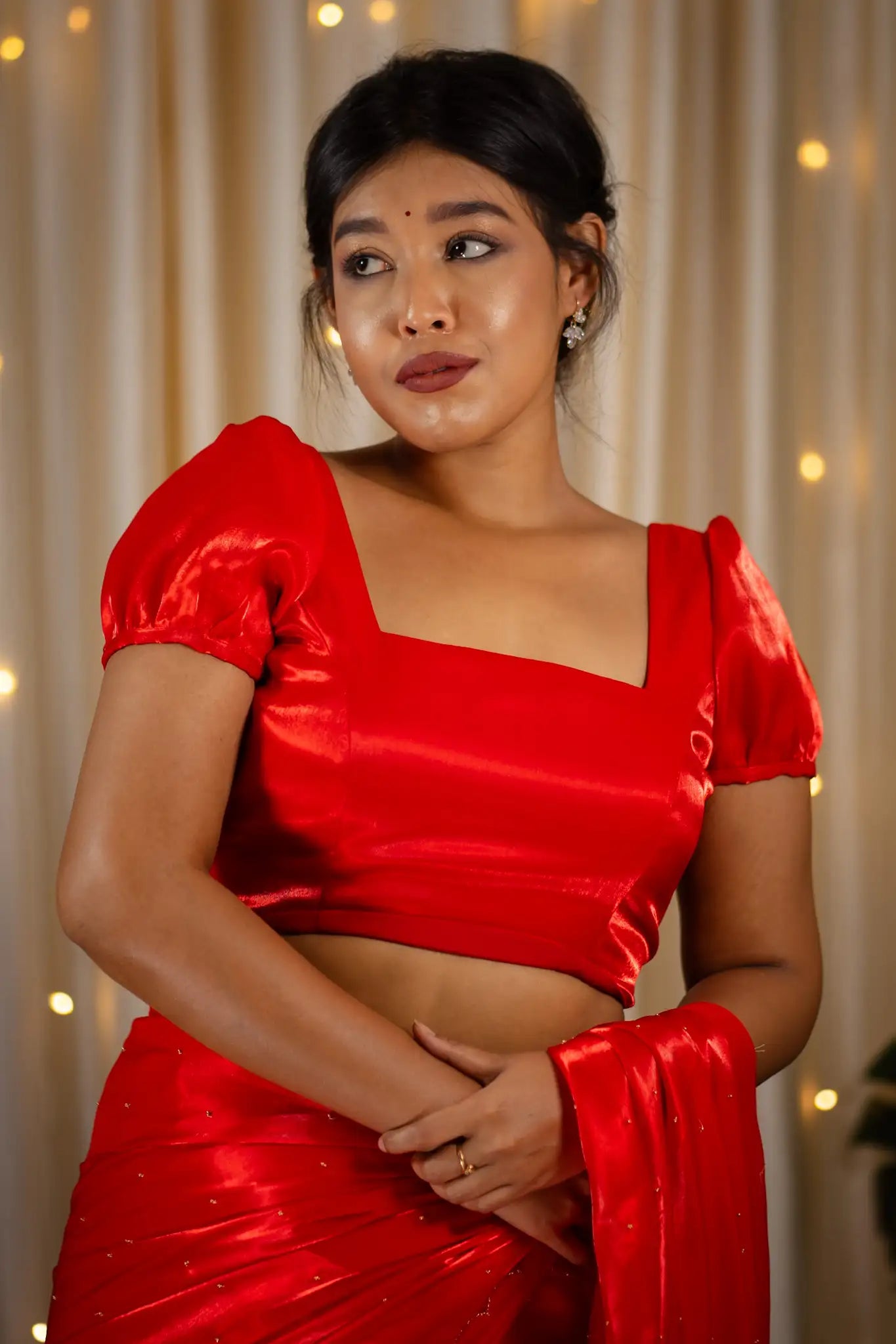 Red-Square-Neck-Organza-Puff--Sleeve-Blouse-I-Love-Sarees