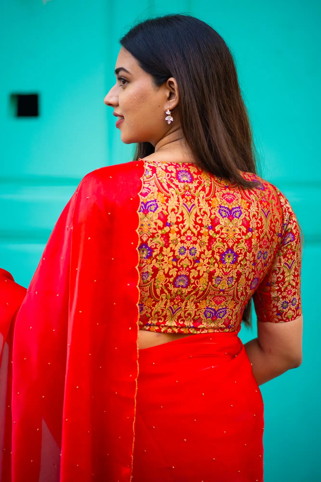 Scarlet-Red-V-Neck-Banarasi-Blouse-With-Sleeve-Readymade-Blouse-I-Love-Sarees