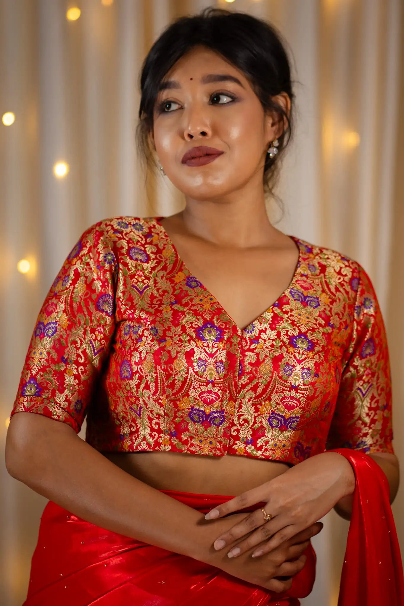 Scarlet-Red-V-Neck-Banarasi-Blouse-With-Sleeve-Readymade-Blouse-I-Love-Sarees