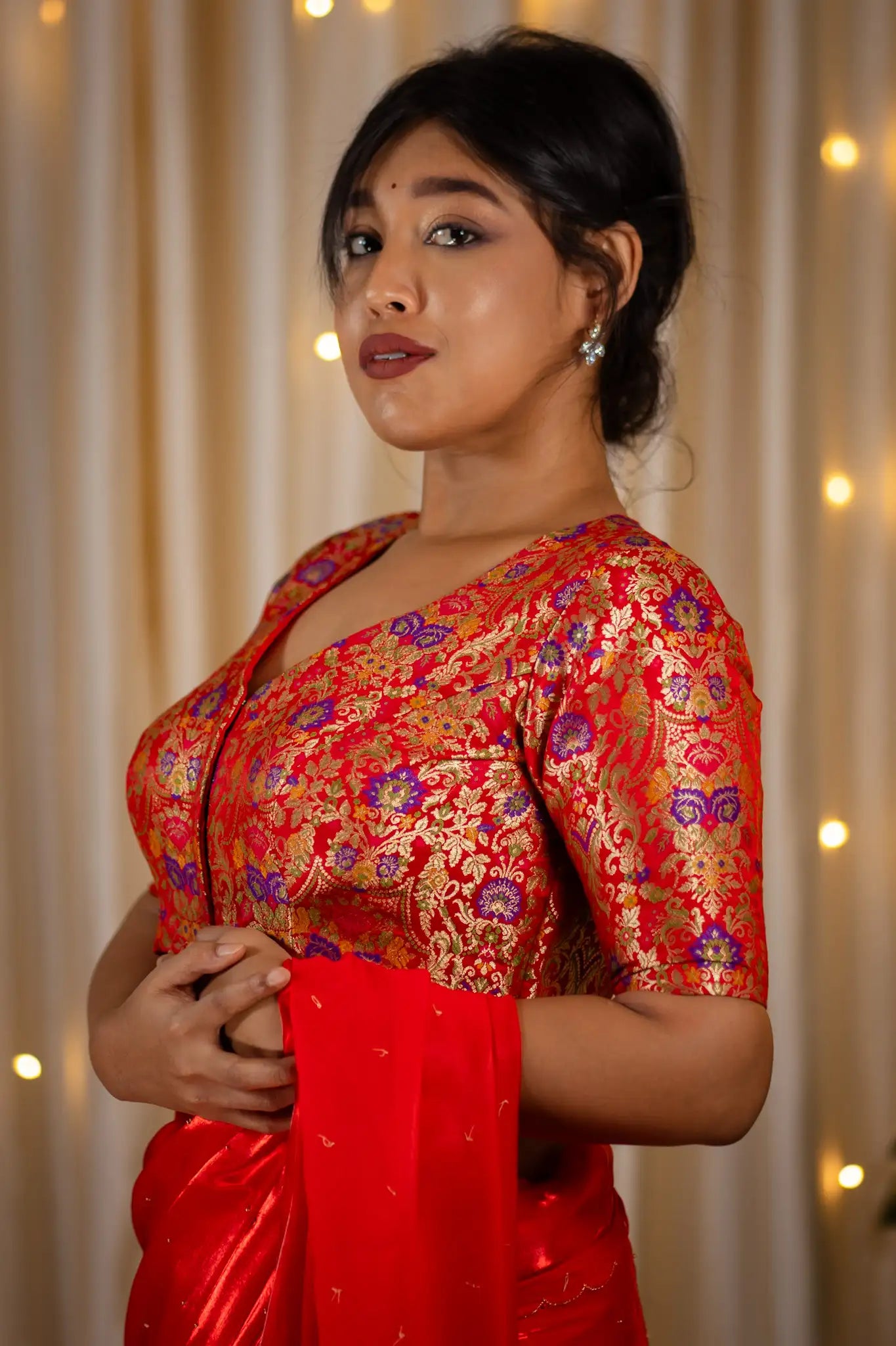 Scarlet-Red-V-Neck-Banarasi-Blouse-With-Sleeve-Readymade-Blouse-I-Love-Sarees