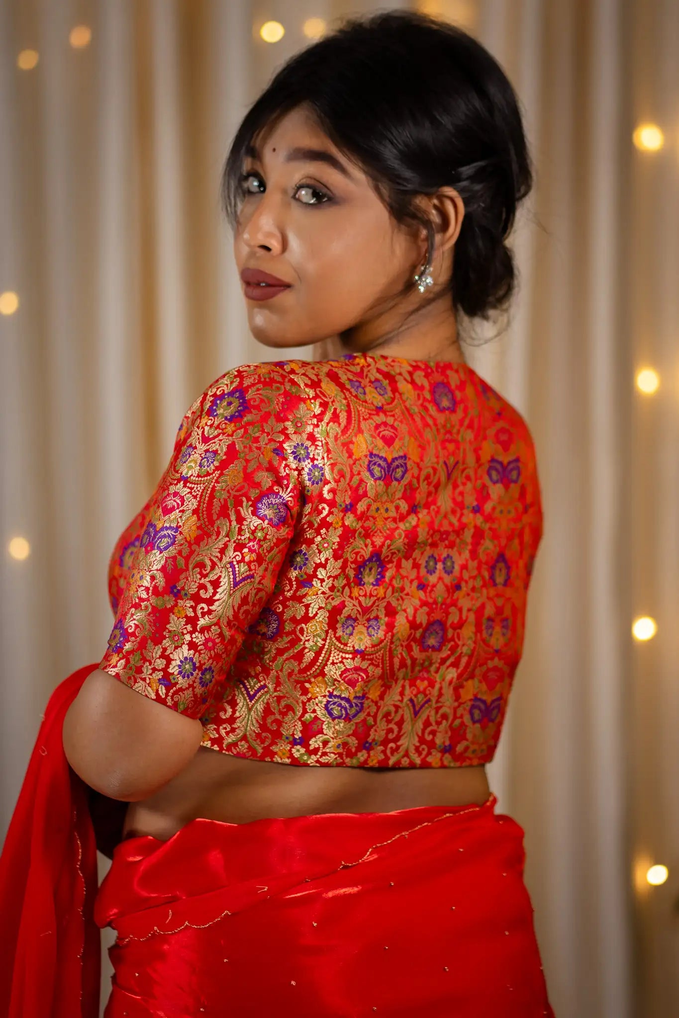 Scarlet-Red-V-Neck-Banarasi-Blouse-With-Sleeve-Readymade-Blouse-I-Love-Sarees