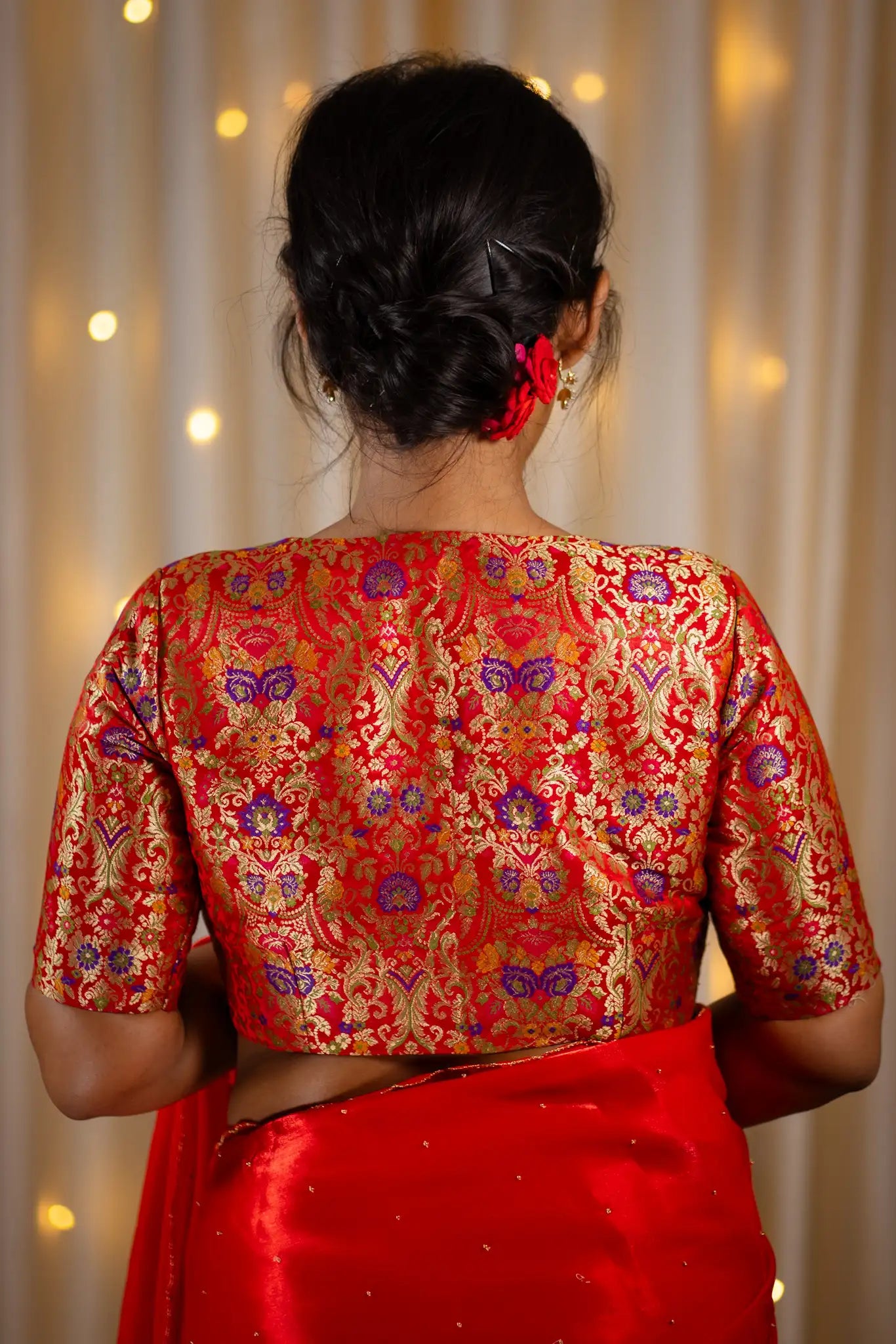 Scarlet-Red-V-Neck-Banarasi-Blouse-With-Sleeve-Readymade-Blouse-I-Love-Sarees