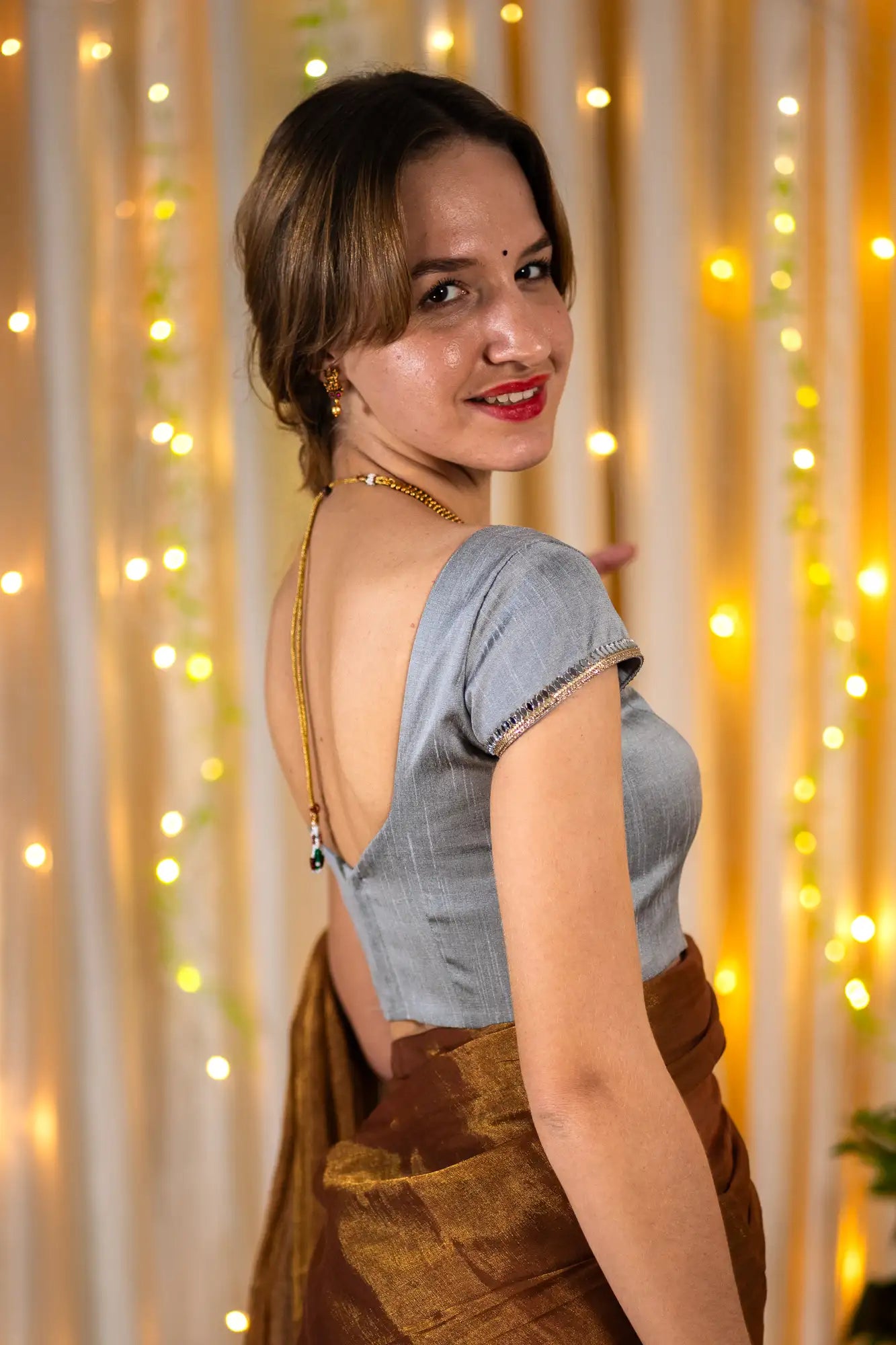 Silver Grey Cap Sleeve Readymade Blouse