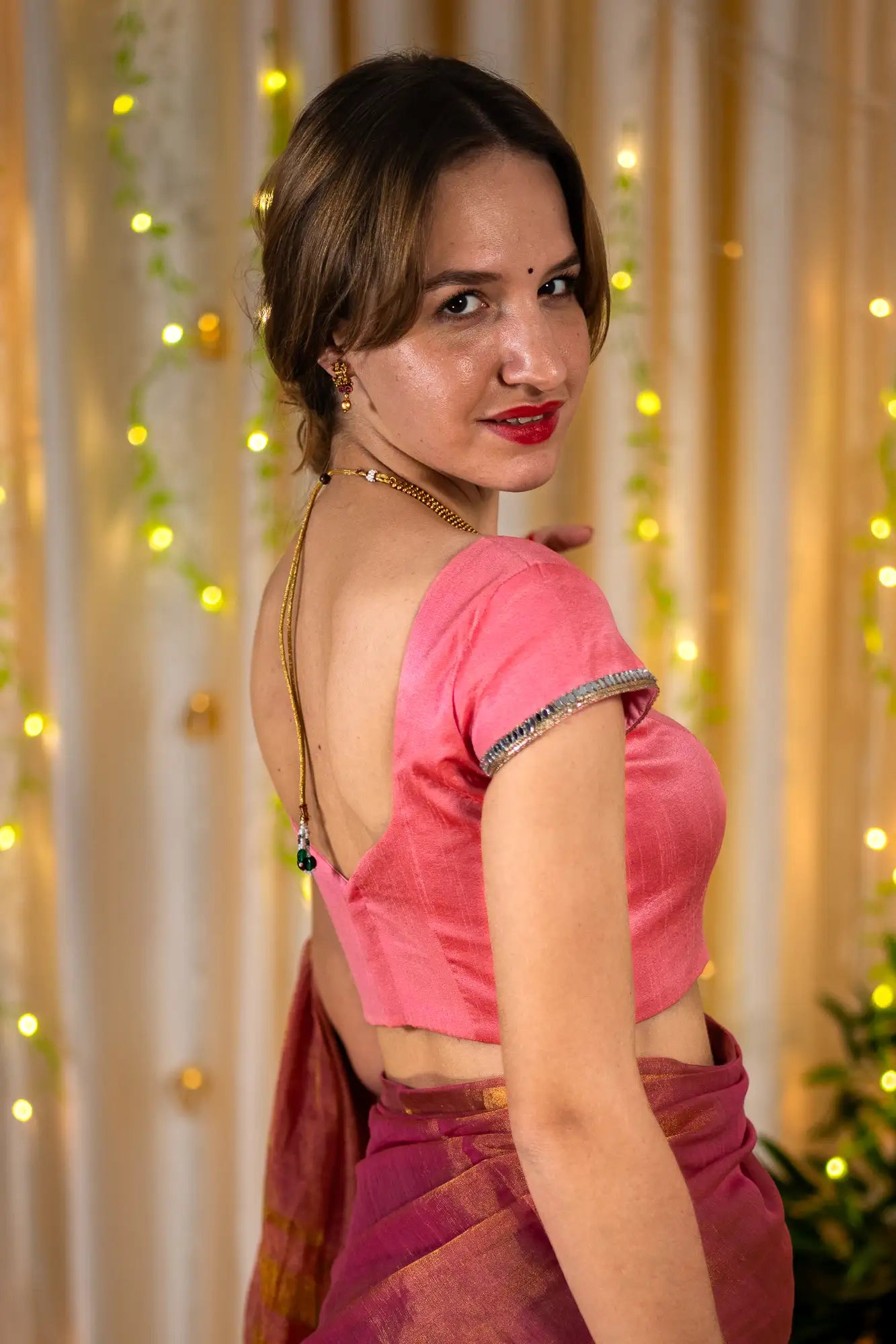Silver Pink Cap Sleeve Readymade Blouse