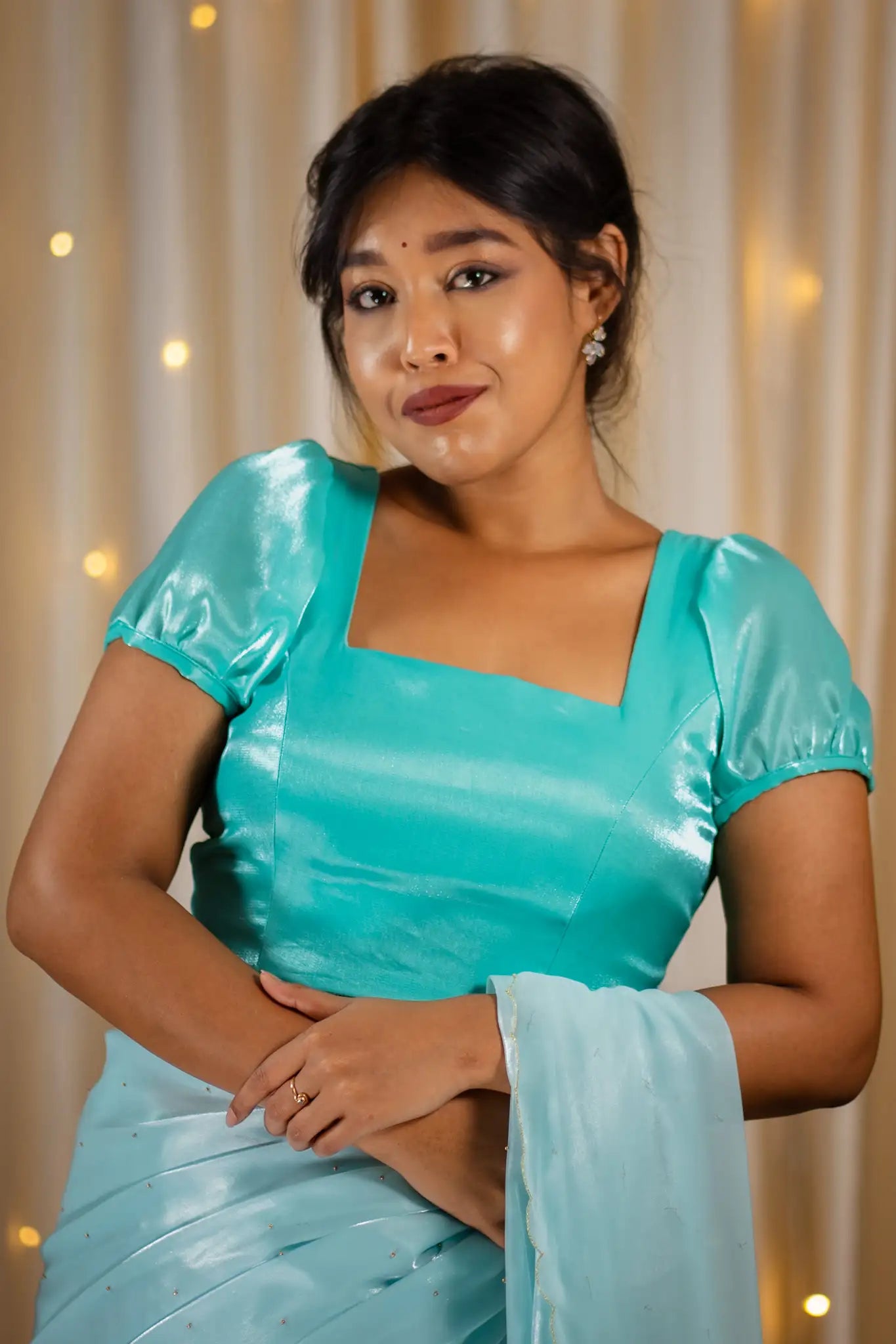 Teal-Square-Neck-Organza-Puff-Sleeve-Blouse-I-Love-Sarees