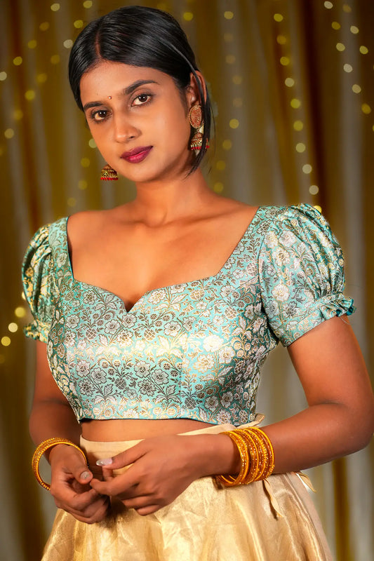 Sky Tints Banarasi Puff Sleeve Blouse