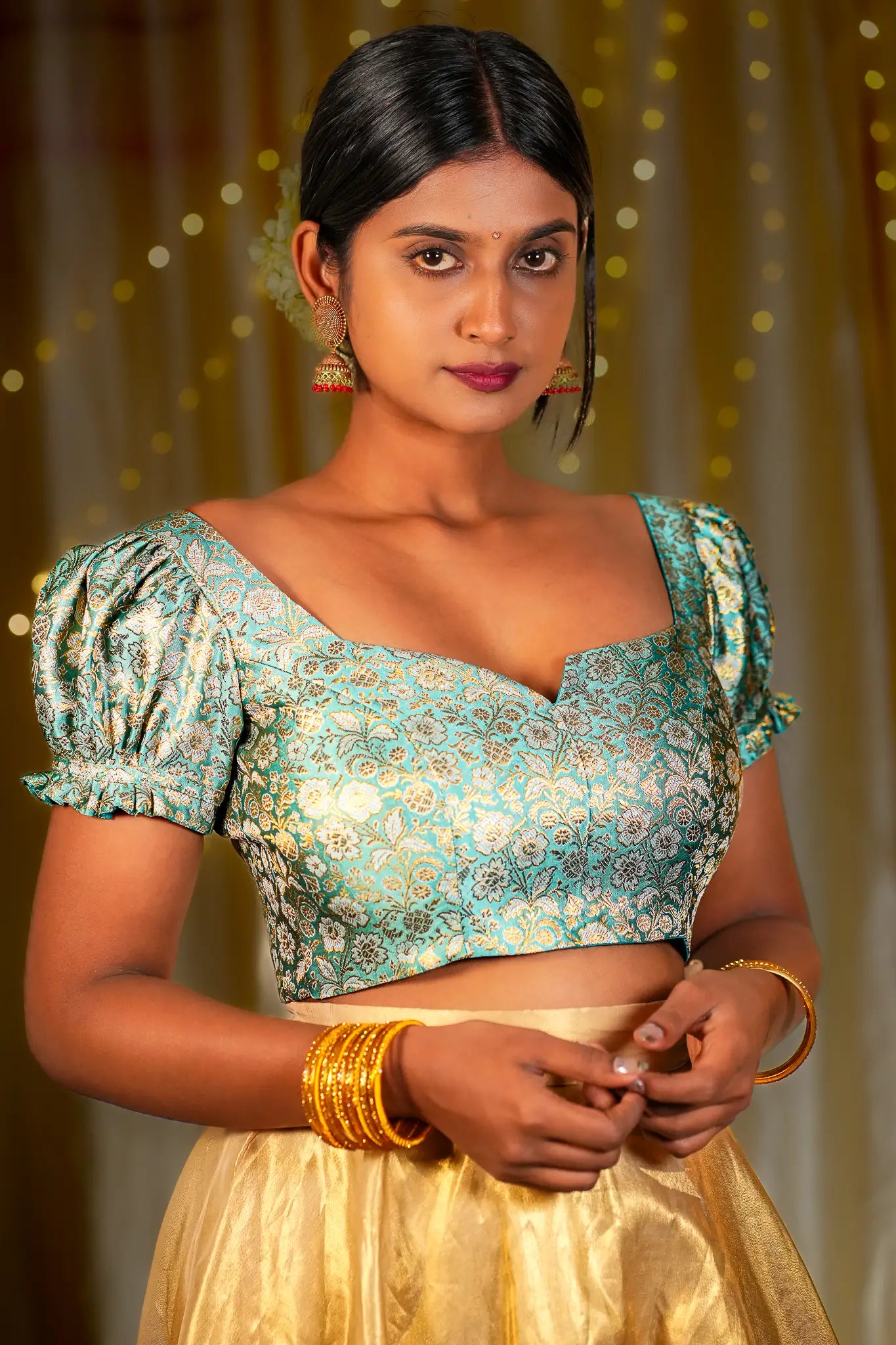 Sky Tints Banarasi Puff Sleeve Blouse