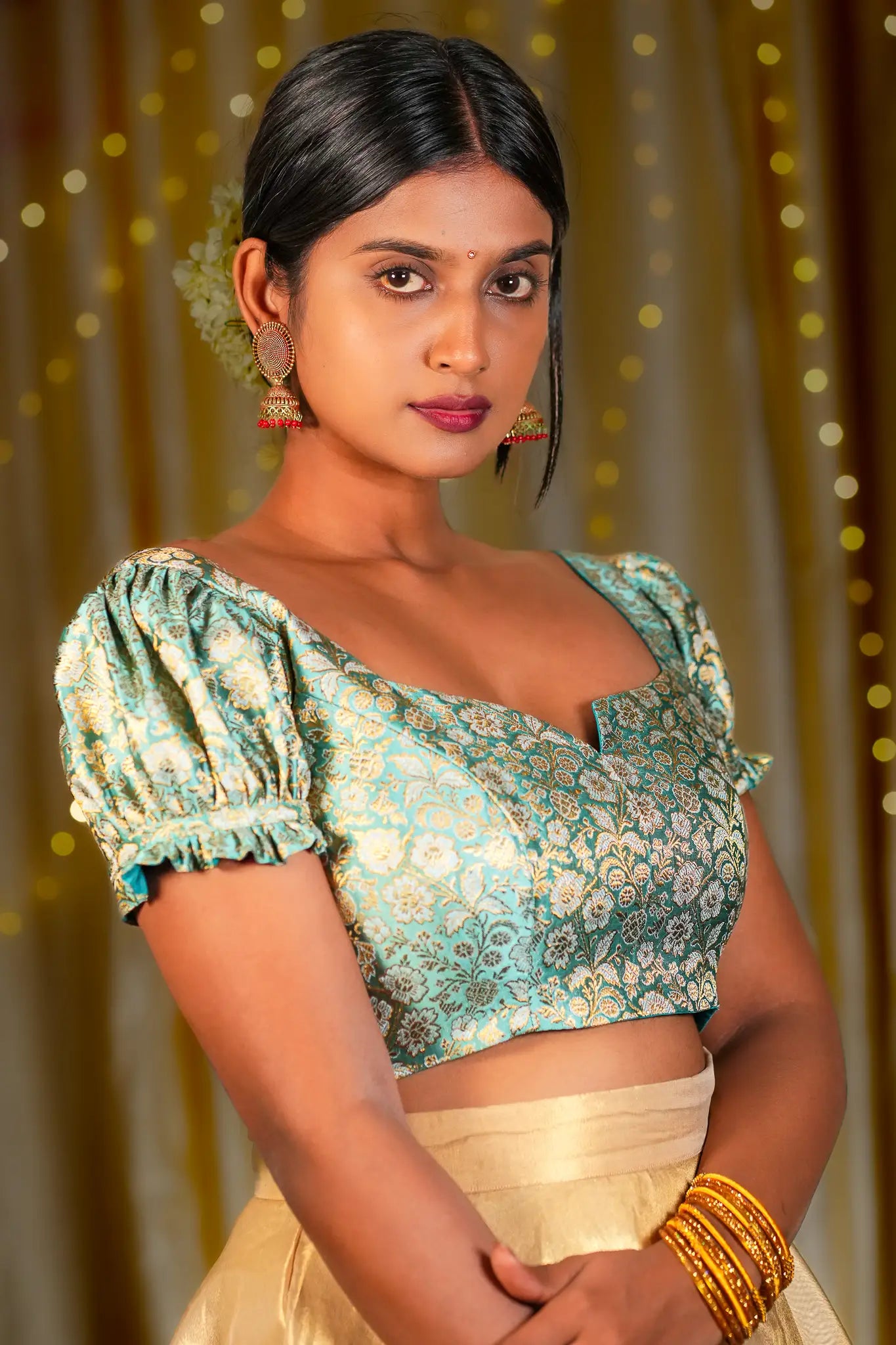 Sky Tints Banarasi Puff Sleeve Blouse