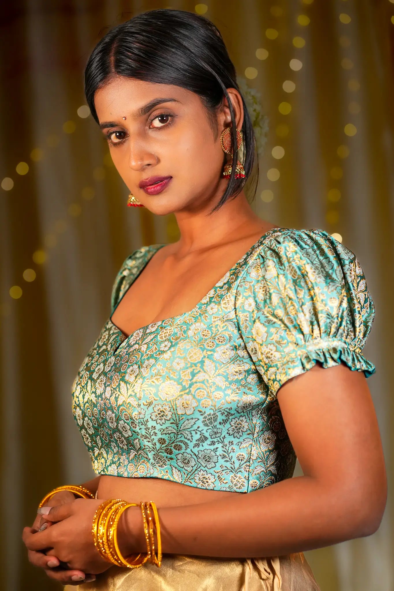 Sky Tints Banarasi Puff Sleeve Blouse