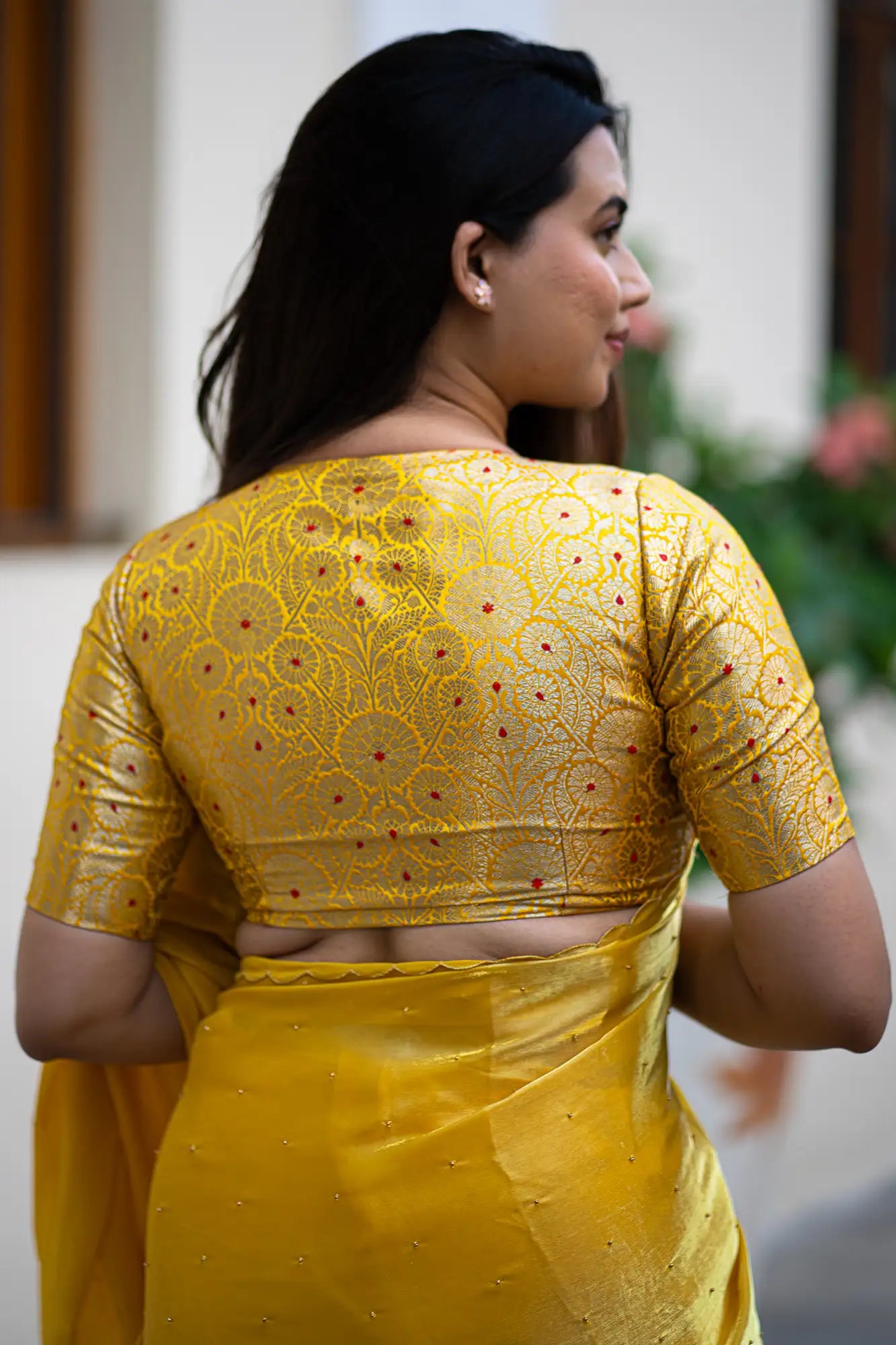 Yellow-V-Neck-Banarasi-Blouse-With-Sleeve-Readymade-Blouse-I-Love-Sarees