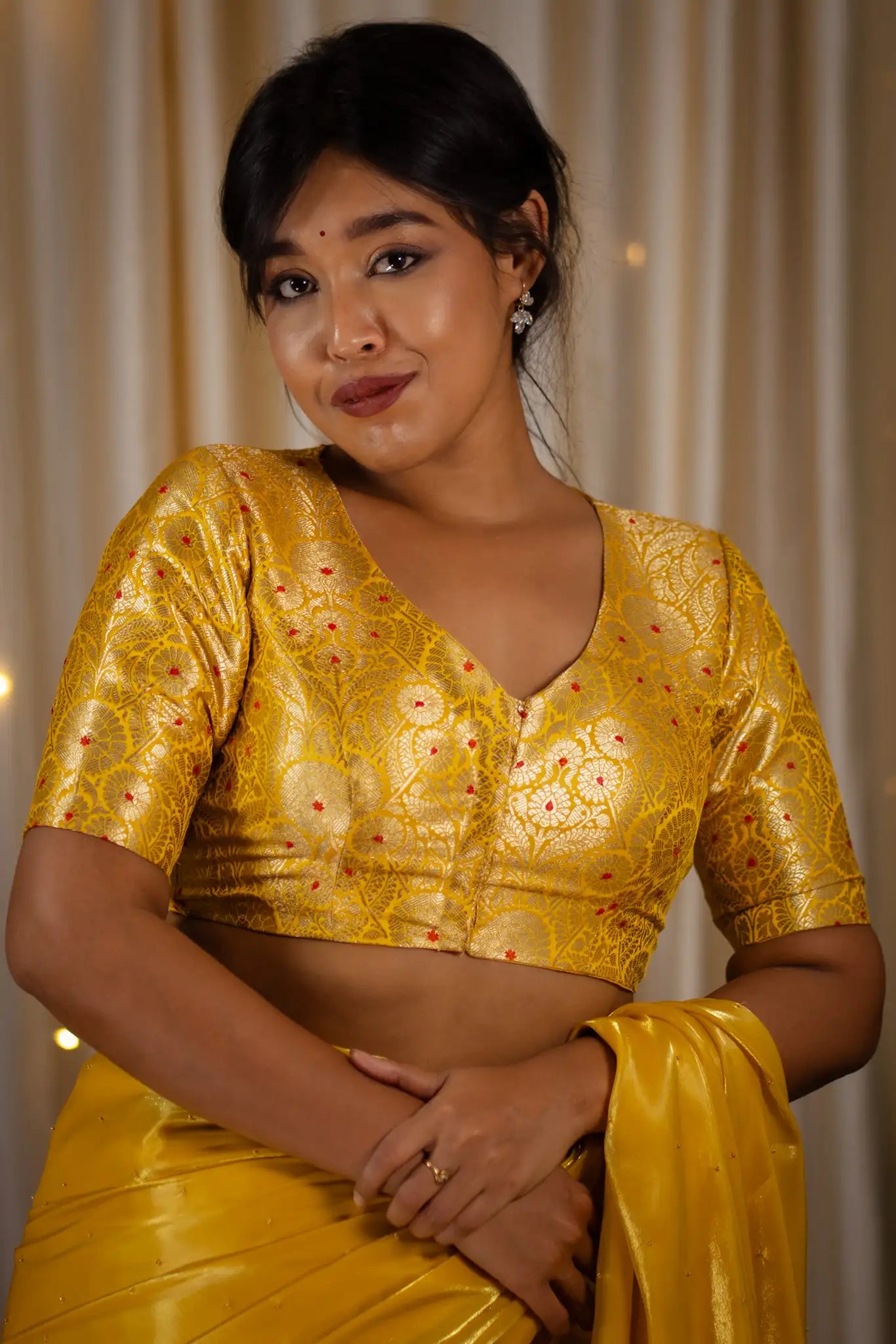 Yellow-V-Neck-Banarasi-Blouse-With-Sleeve-Readymade-Blouse-I-Love-Sarees