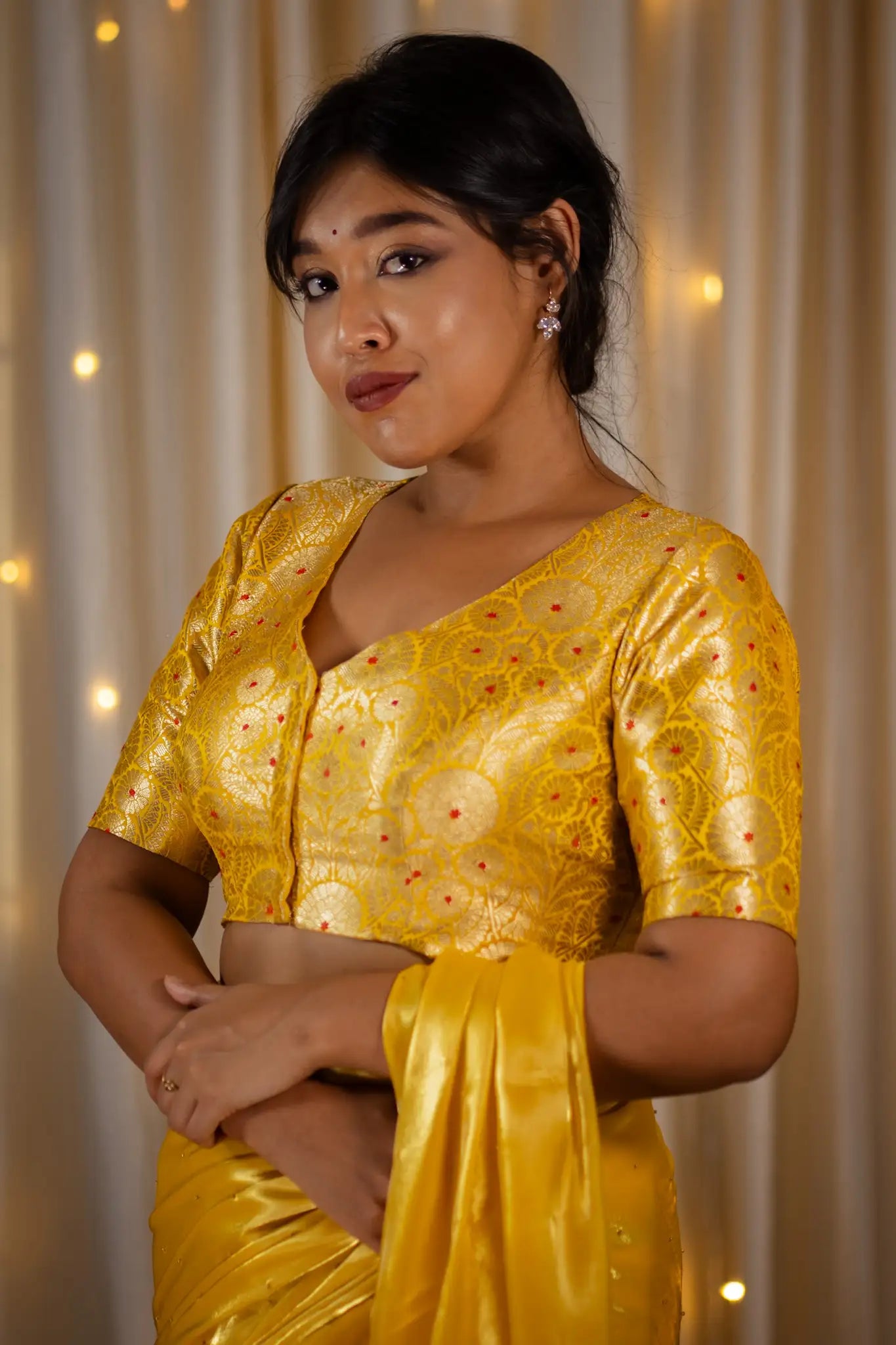 Yellow-V-Neck-Banarasi-Blouse-With-Sleeve-Readymade-Blouse-I-Love-Sarees