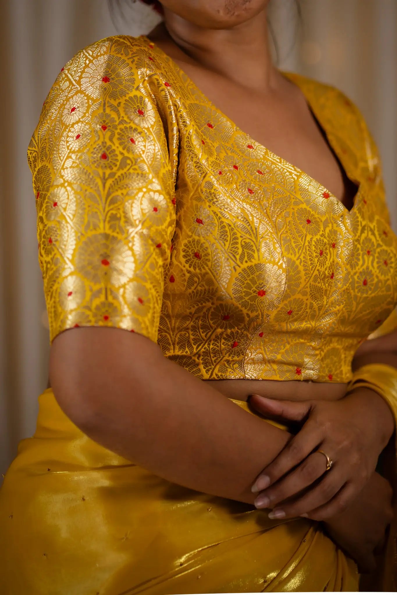 Yellow-V-Neck-Banarasi-Blouse-With-Sleeve-Readymade-Blouse-I-Love-Sarees