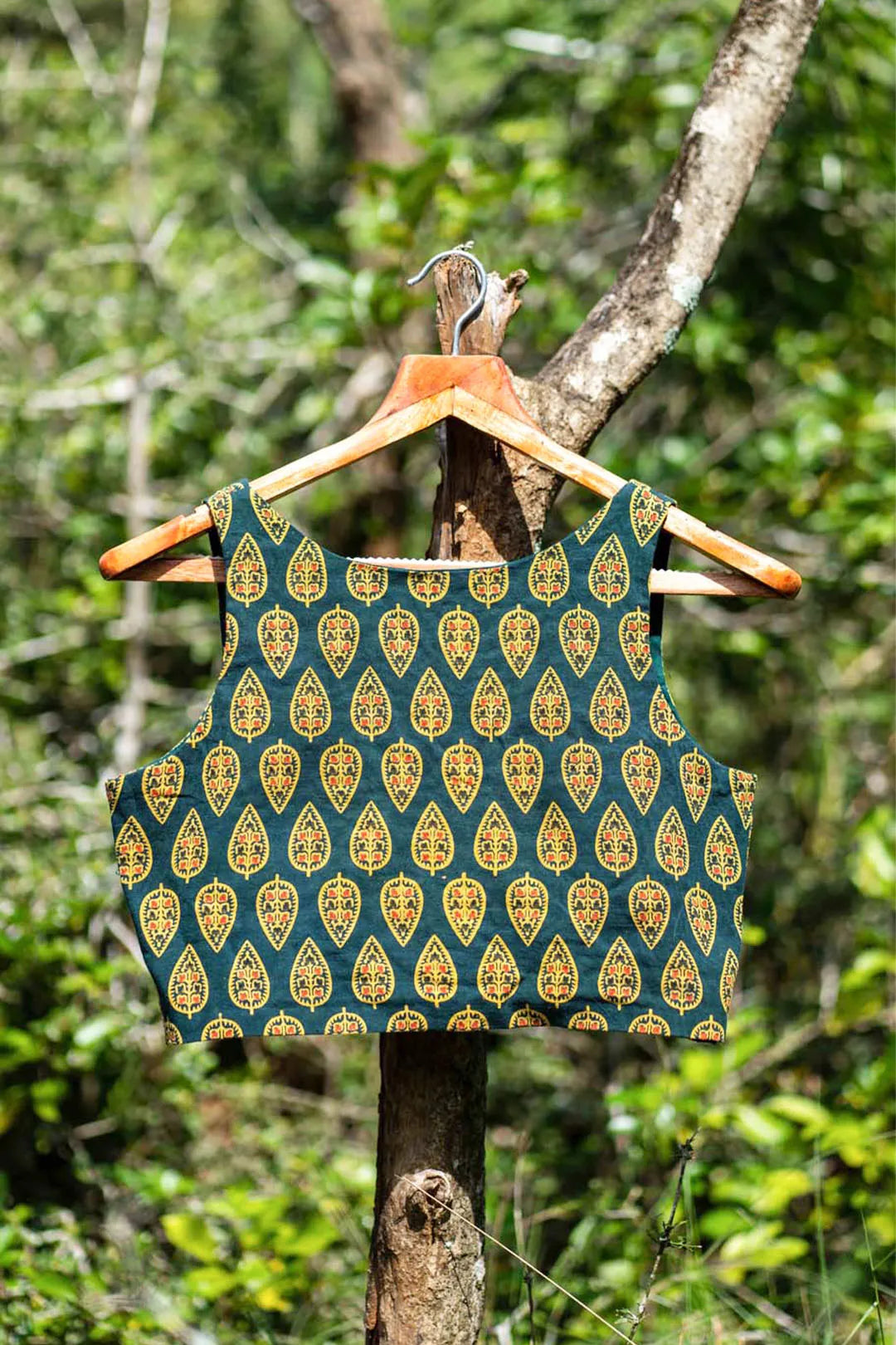 Ajrakh Print Green Sleeveless Blouse - Readymade Saree Blouse - I Love Sarees
