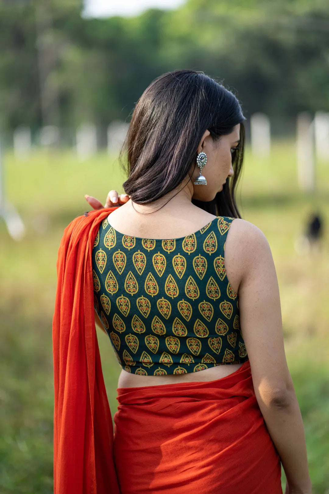 Ajrakh Print Green Sleeveless Blouse - Readymade Saree Blouse - I Love Sarees