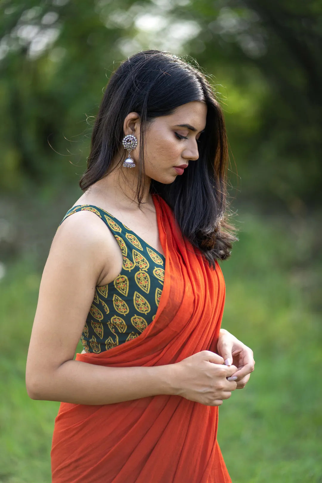Ajrakh Print Green Sleeveless Blouse - Readymade Saree Blouse - I Love Sarees