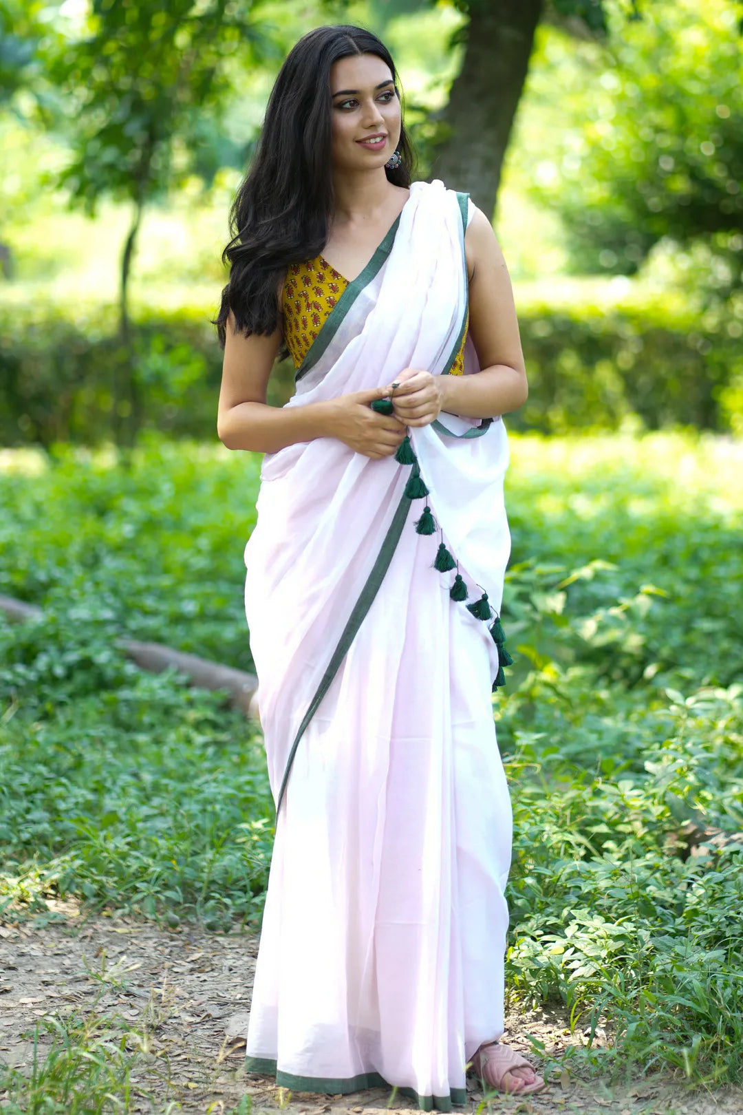 Baby rose saree with green border - Pure Cotton Saree with green tassels - I Love Sarees