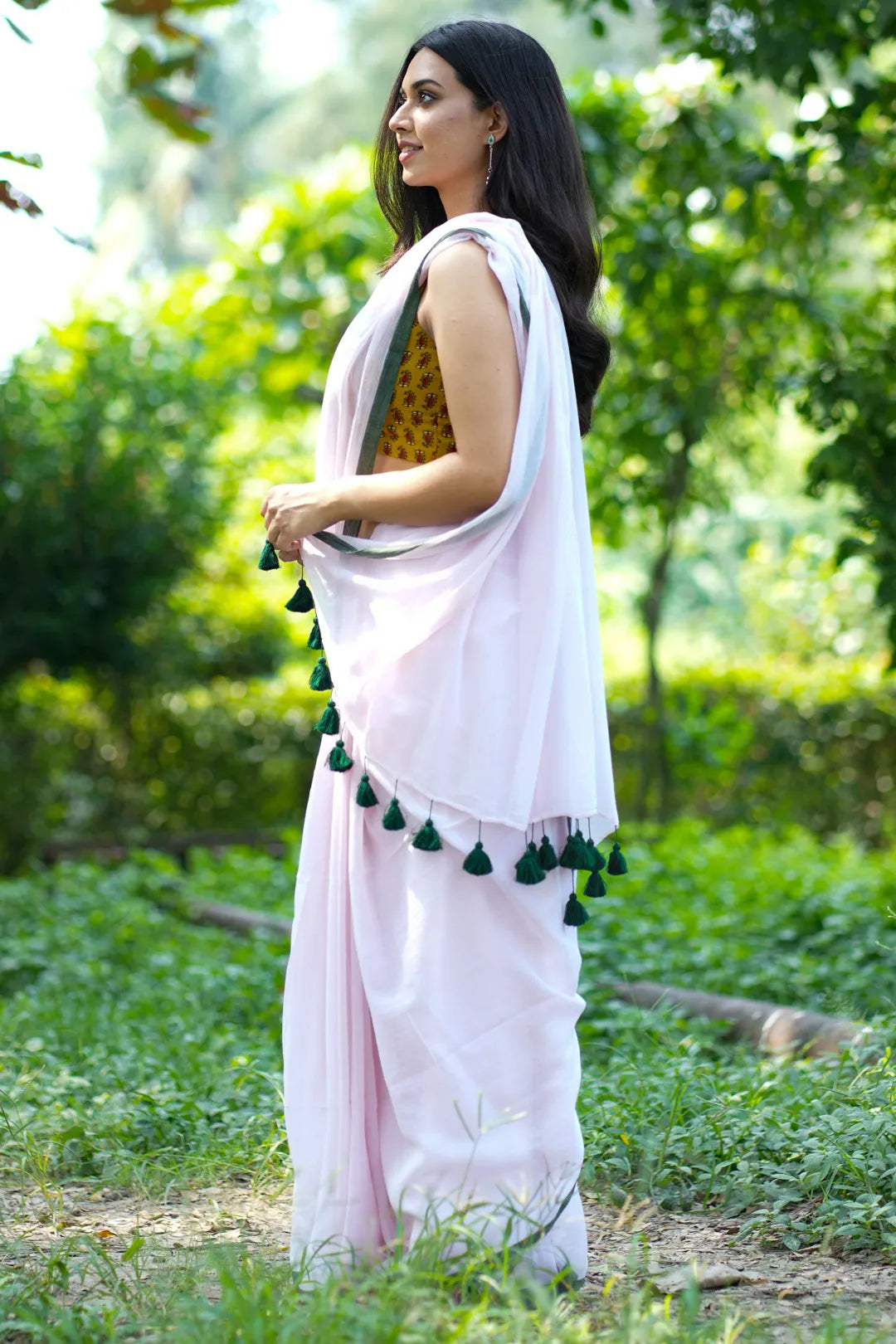 Baby rose saree with green border - Pure Cotton Saree with green tassels - I Love Sarees