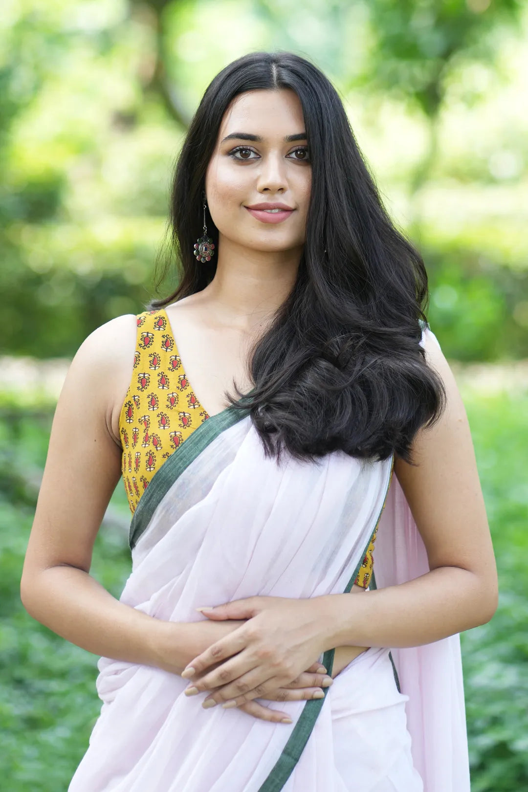 Baby rose saree with green border - Pure Cotton Saree with green tassels - I Love Sarees