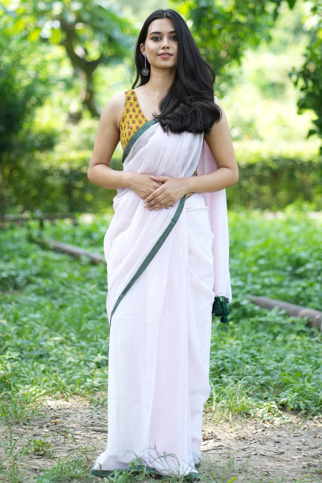 Baby rose saree with green border - Pure Cotton Saree with green tassels - I Love Sarees