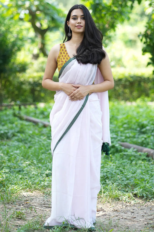 Baby rose saree with green border - Pure Cotton Saree with green tassels - I Love Sarees