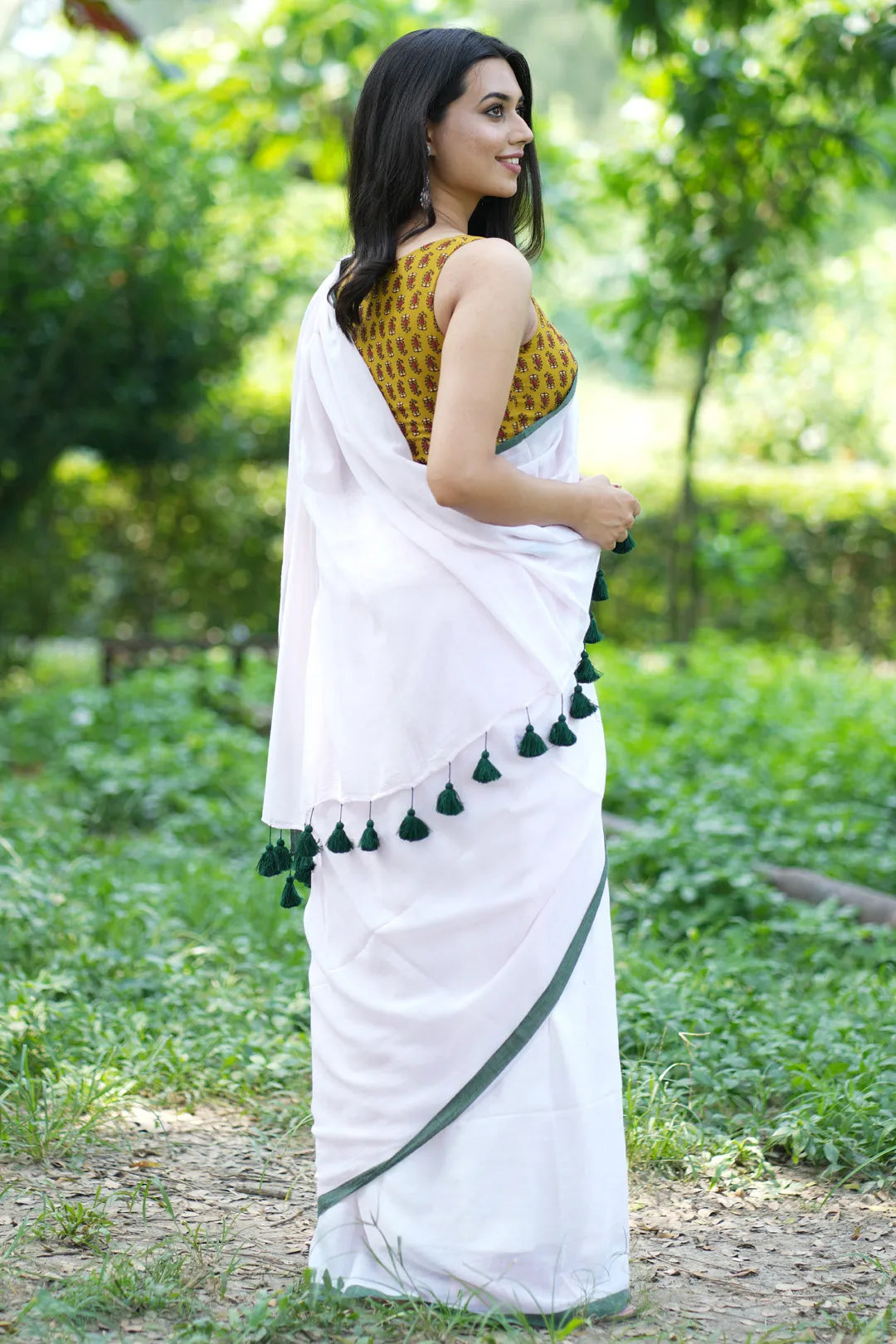 Baby rose saree with green border - Pure Cotton Saree with green tassels - I Love Sarees