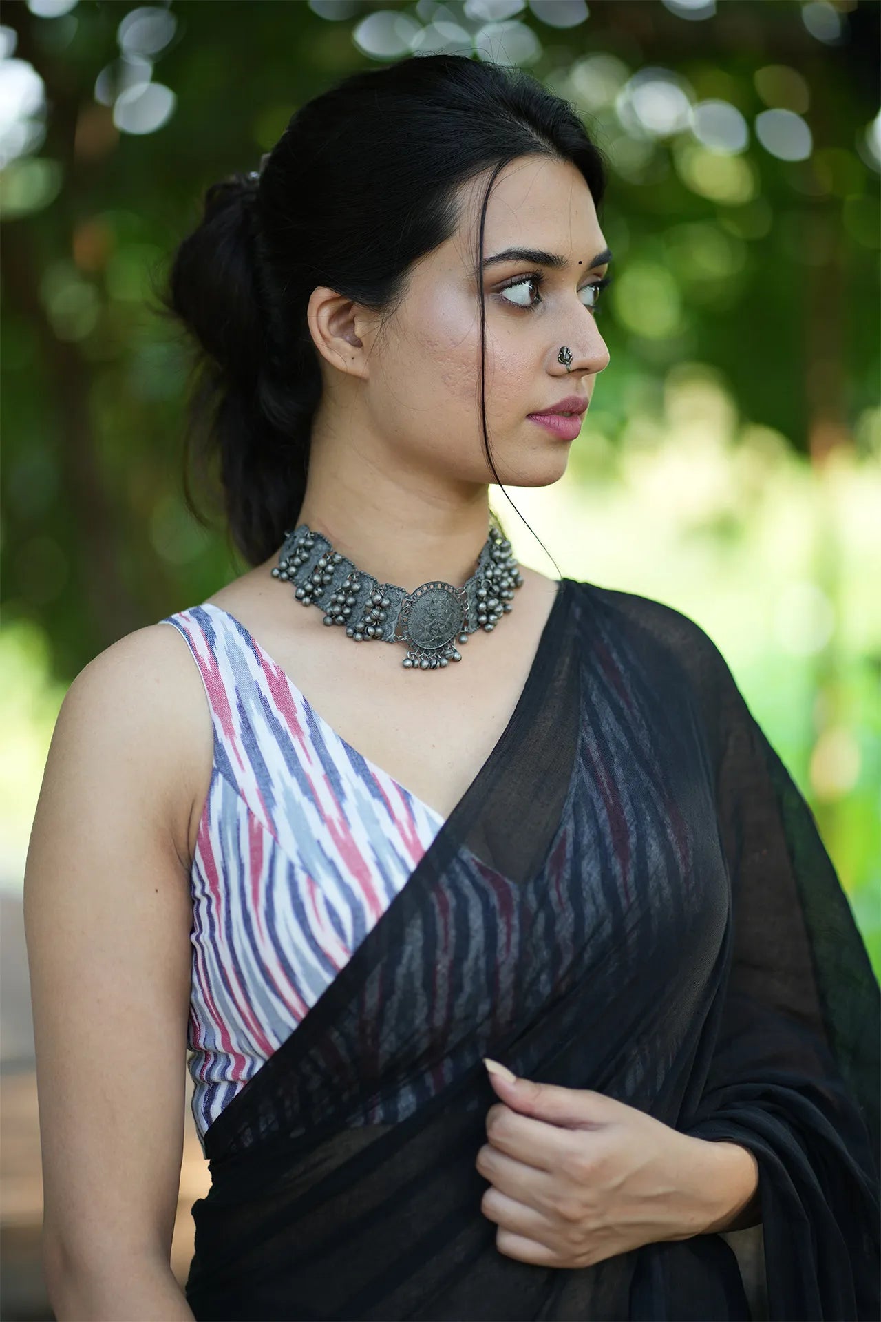 Black Plain Saree - Handloom Cotton Saree with Black Tassels- I Love Sarees